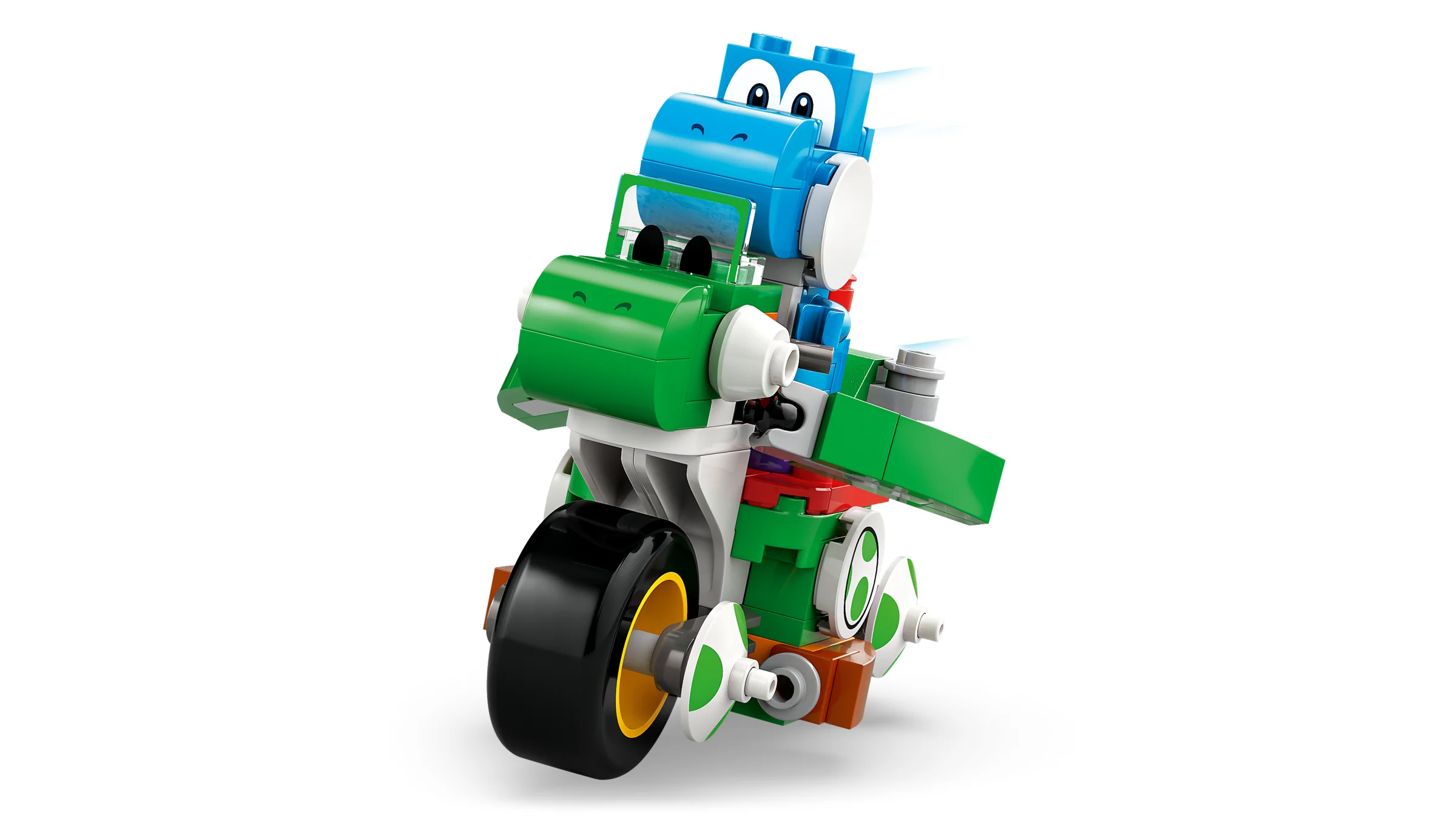 Yoshi pe o motocicletă construită din LEGO. Model colorat și distractiv.