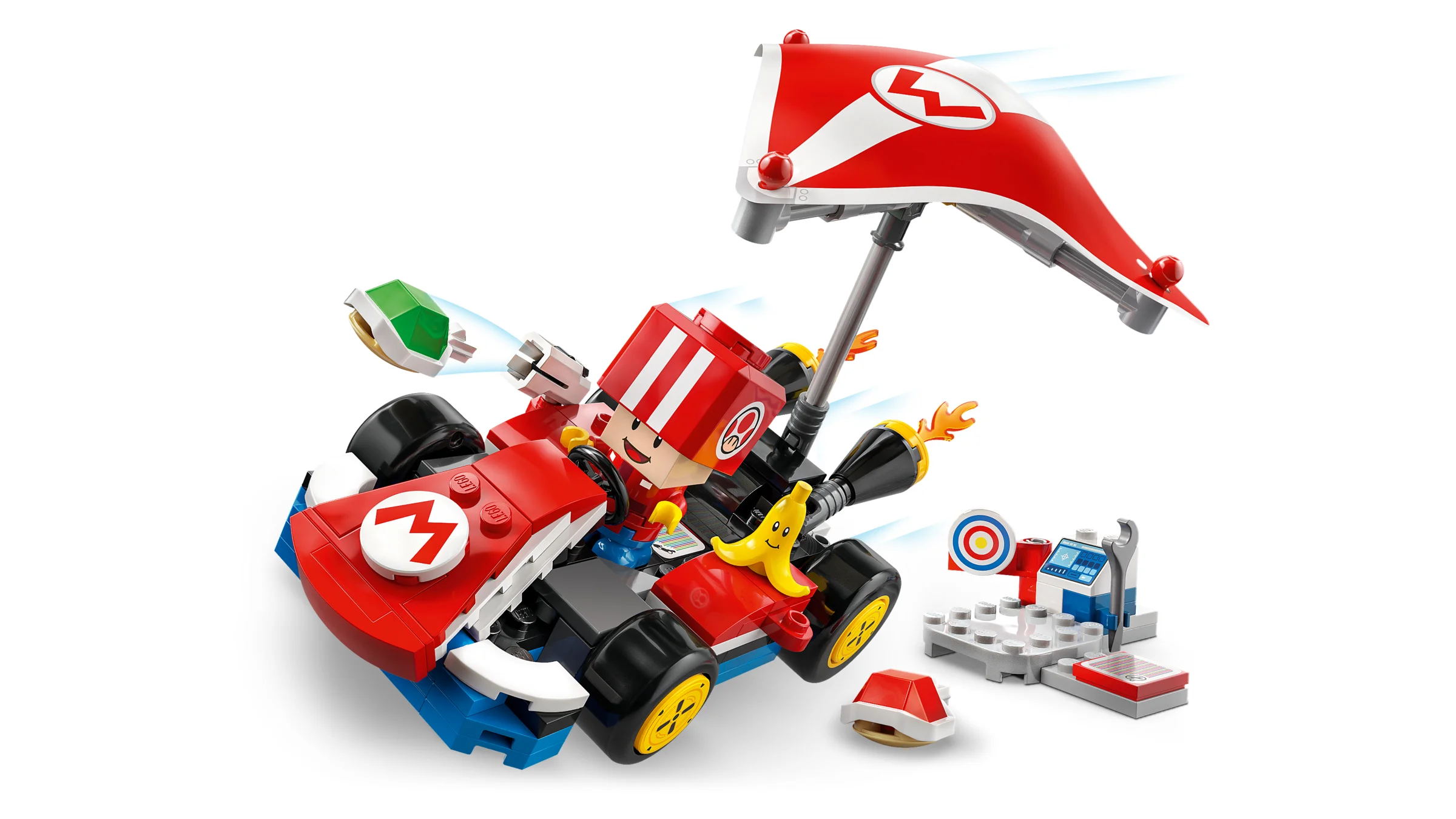 Imagine cu kartul standard LEGO Super Mario, cu minifigurina și accesorii. Detaliu excelent.
