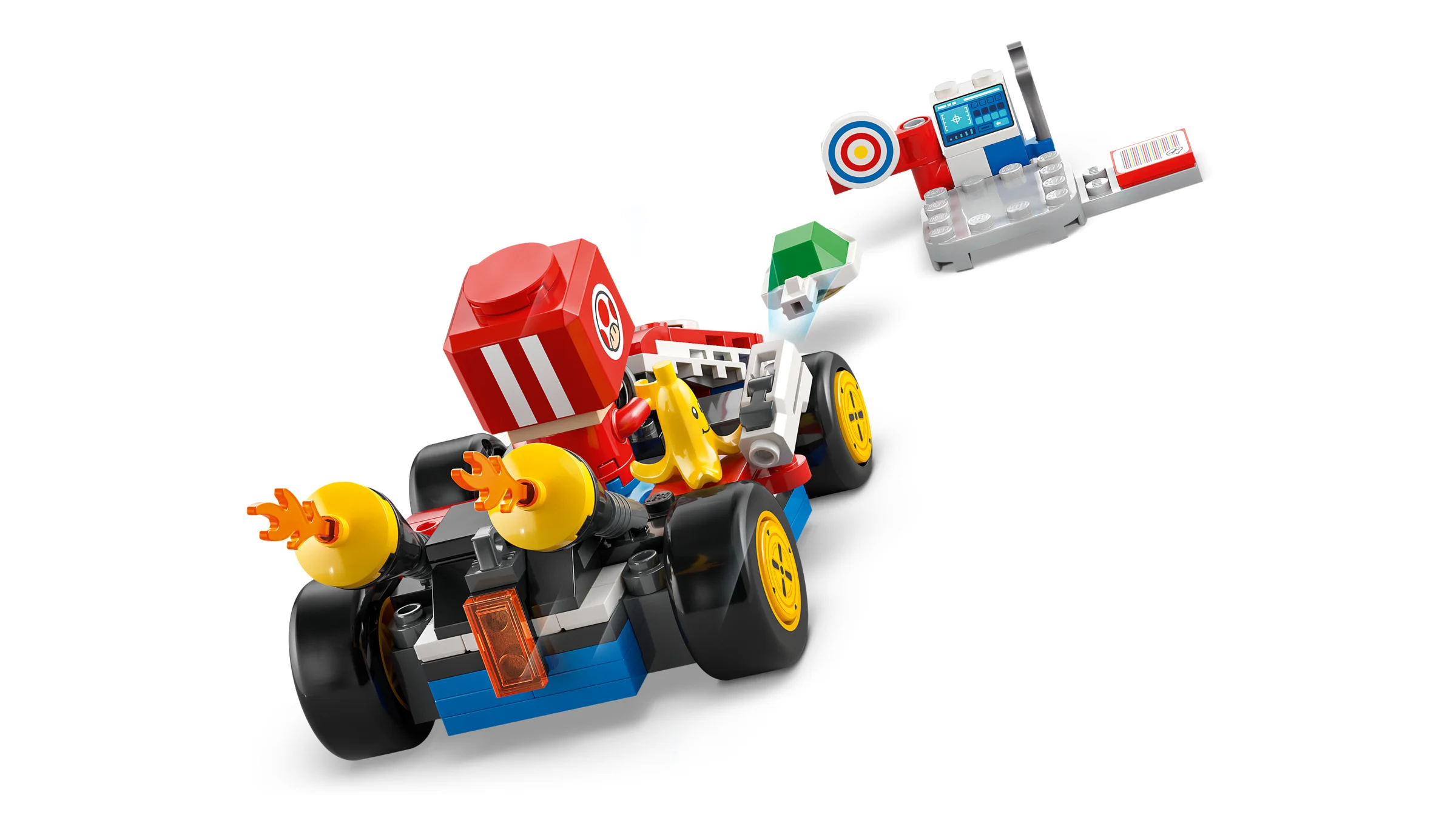 Imagine cu modelul finalizat al kart-ului LEGO Super Mario (72032) și al construcției cu țintă.