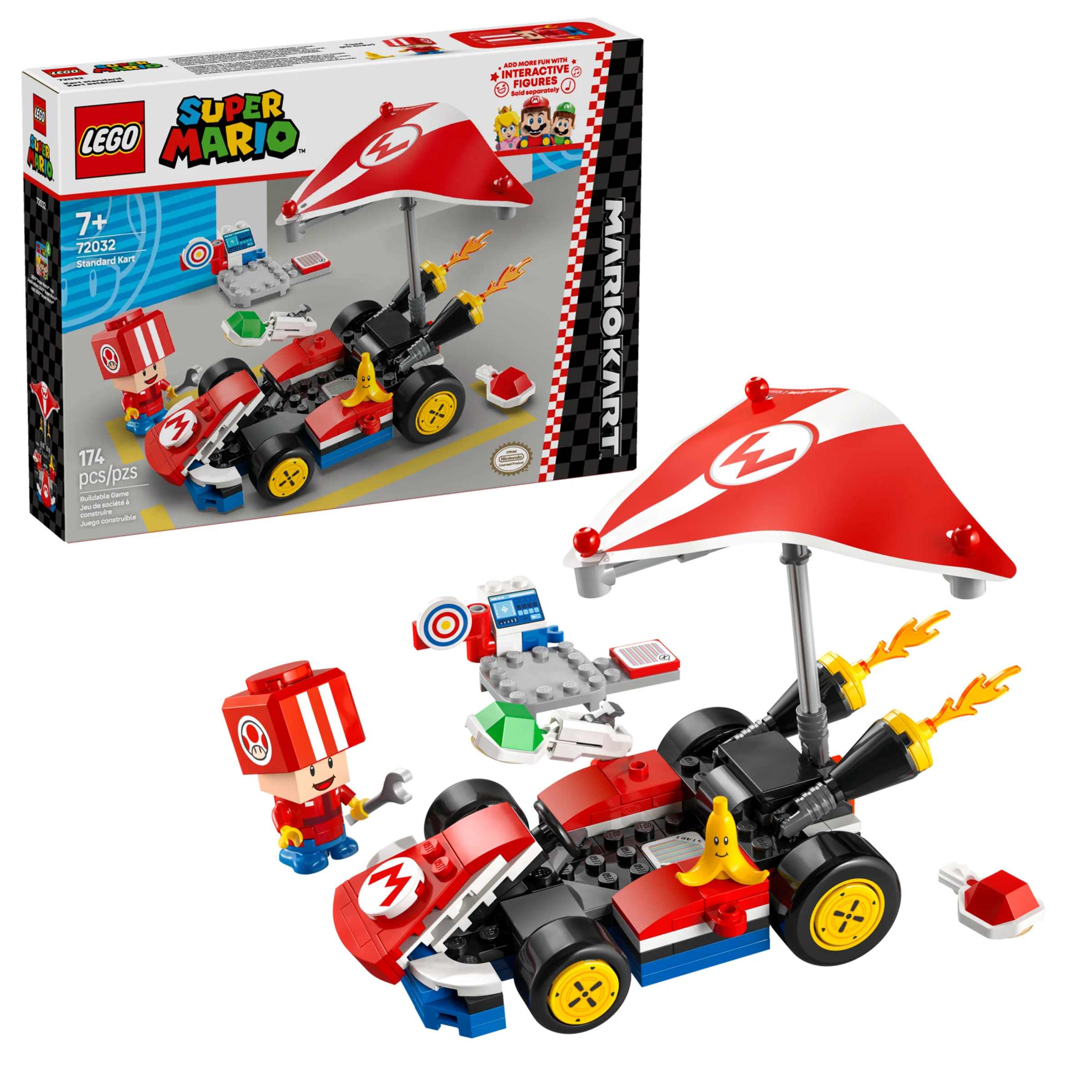 Imagine cu setul LEGO Super Mario 72032 Kart Standard și cutia. Un set distractiv cu detalii.