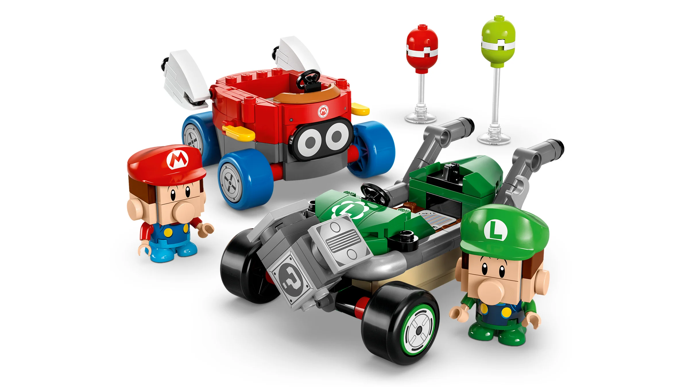 Imagine cu Mario și Luigi bebeluși în kart-uri LEGO. Scene detaliată.