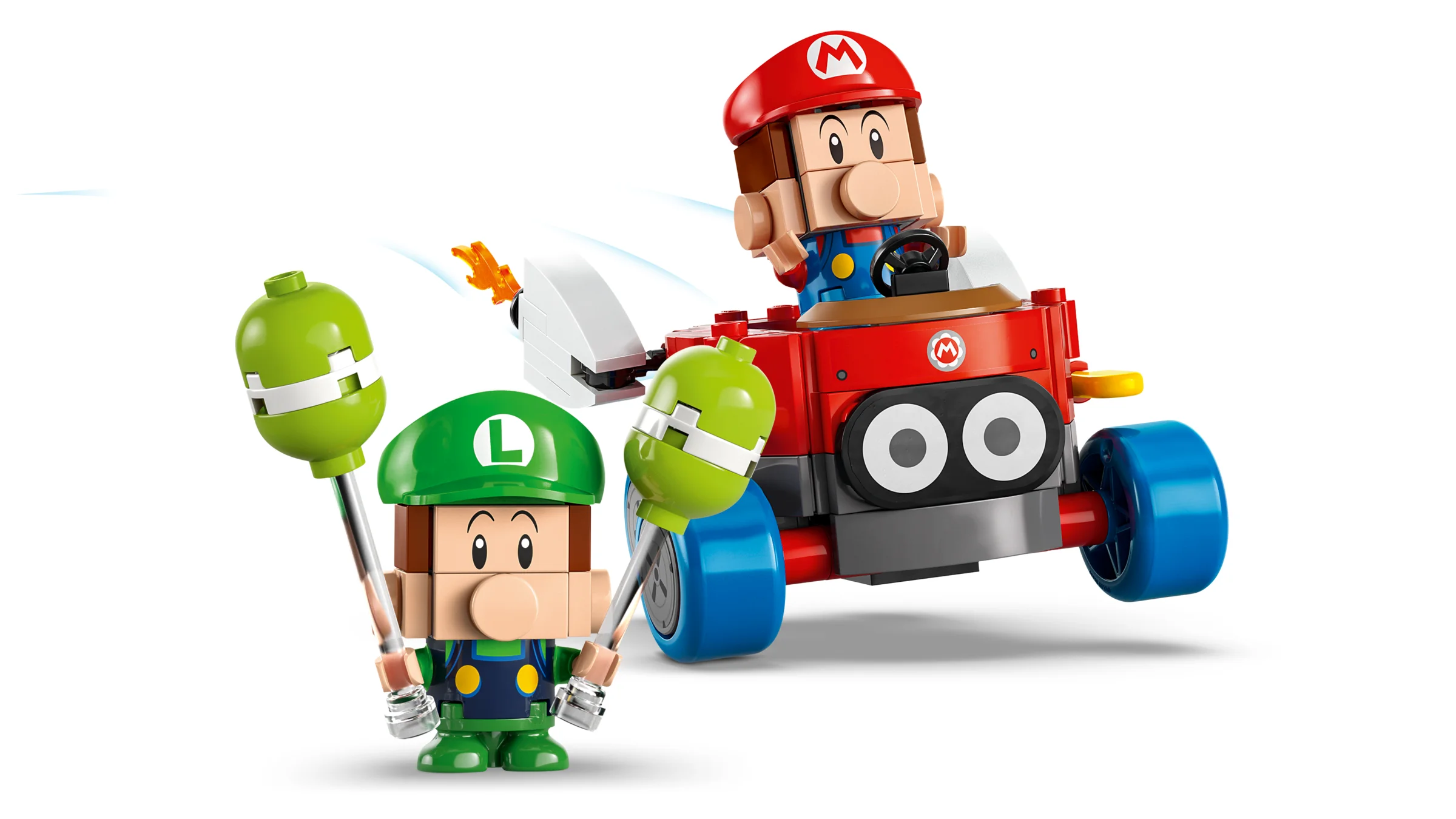 Imagine cu Mario și Luigi bebeluși LEGO, Mario în kart. Aspect detaliat și viu colorat.