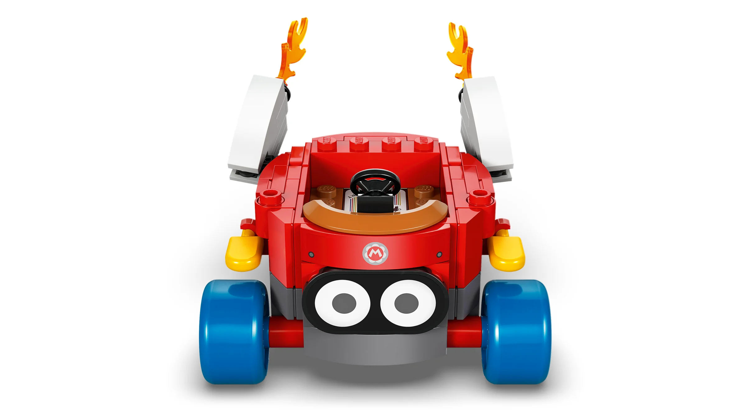 Prim-plan cu kartul LEGO roșu, detaliind designul și elementele sale distinctive.