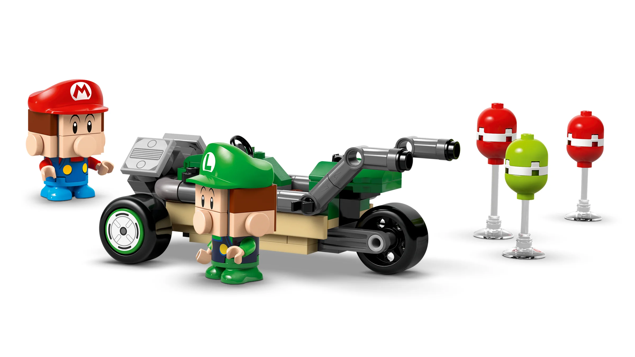 Imagine cu setul LEGO 72034 Baby Mario vs. Baby Luigi, cu tricicletă și obstacole.