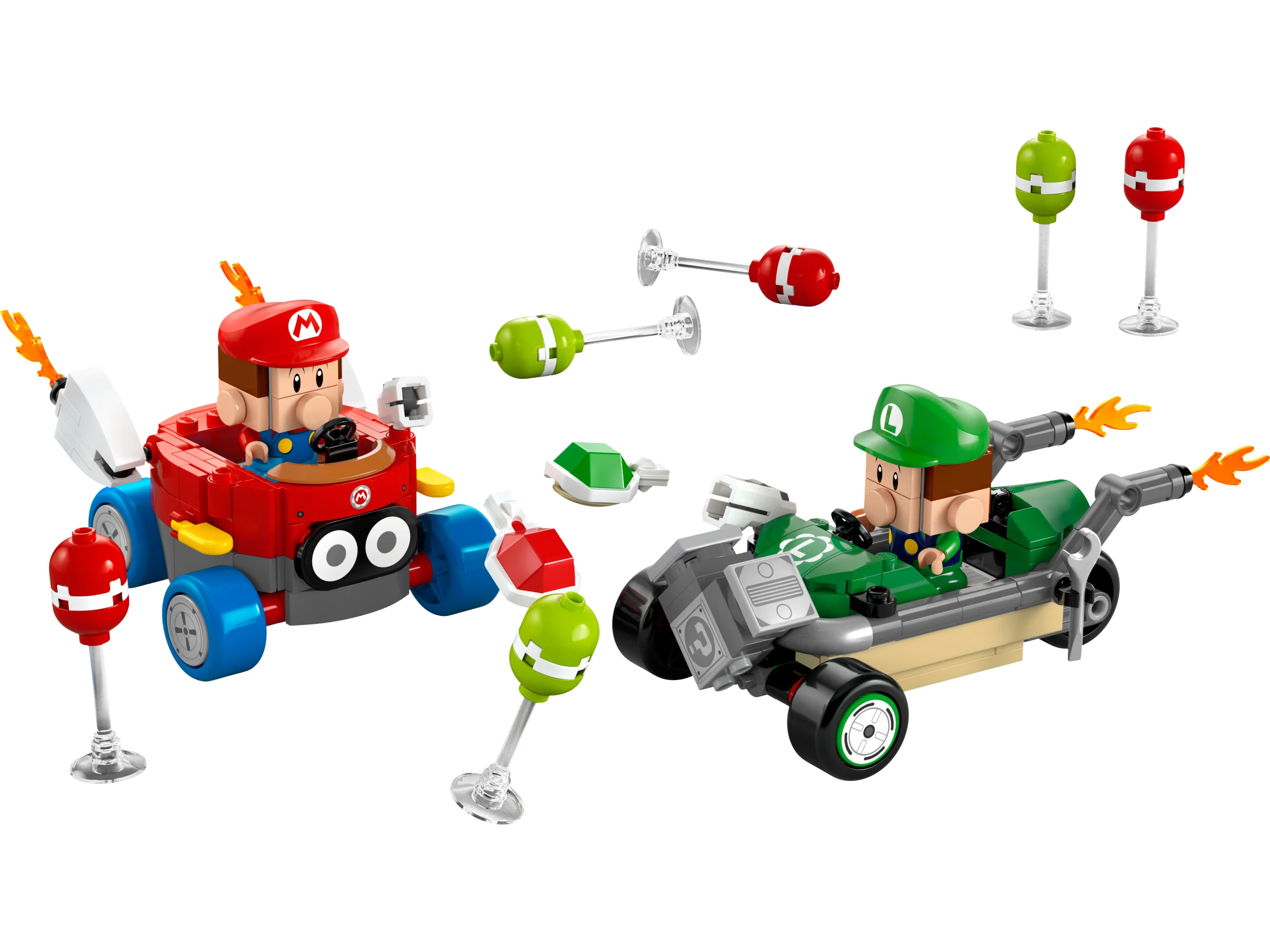 Imagine cu setul LEGO 72034, Mario și Luigi mici, în mașinile lor, cu obstacole.