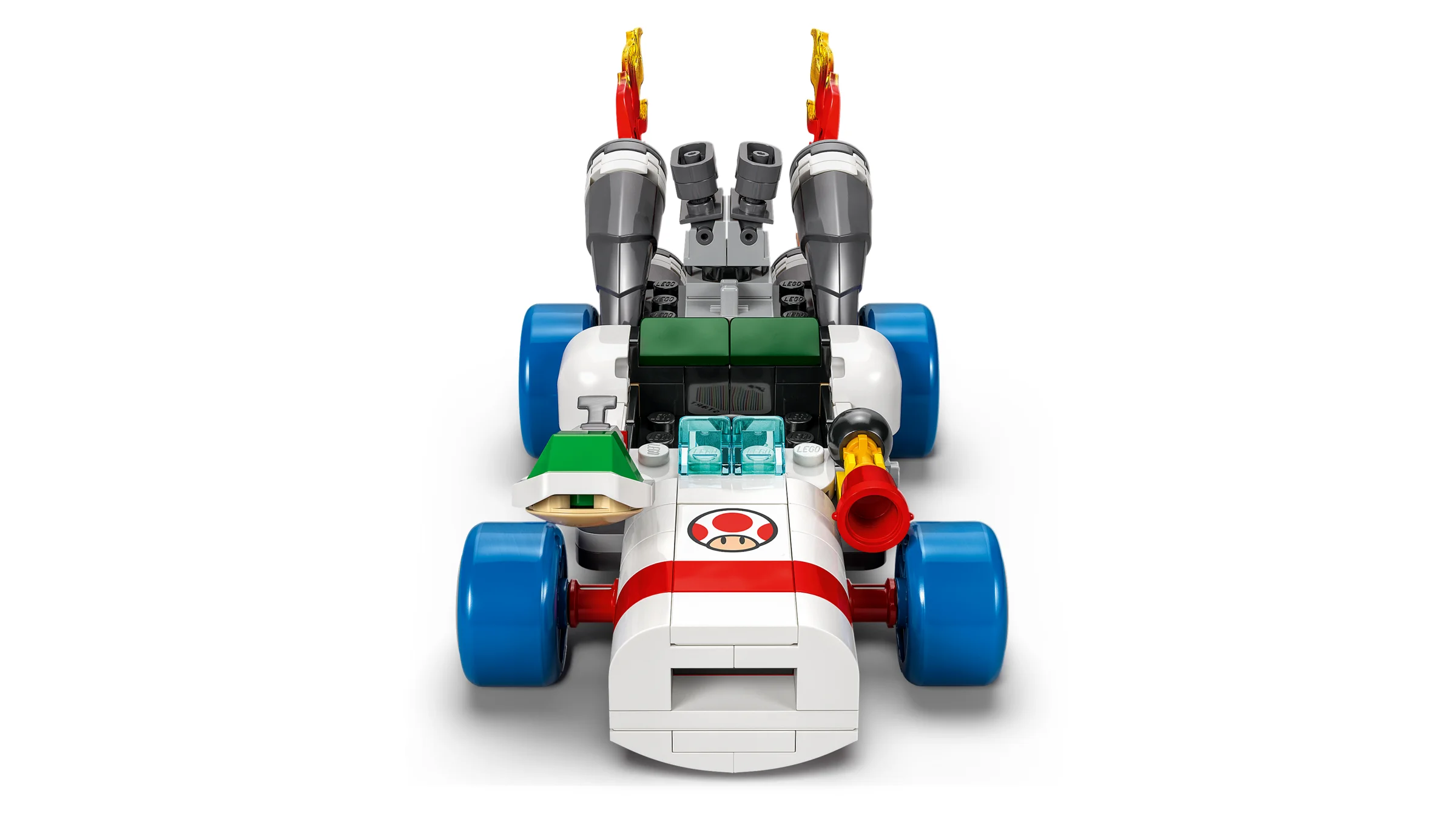 Imagine cu mașina lui Toad din setul LEGO Super Mario, văzută din față.