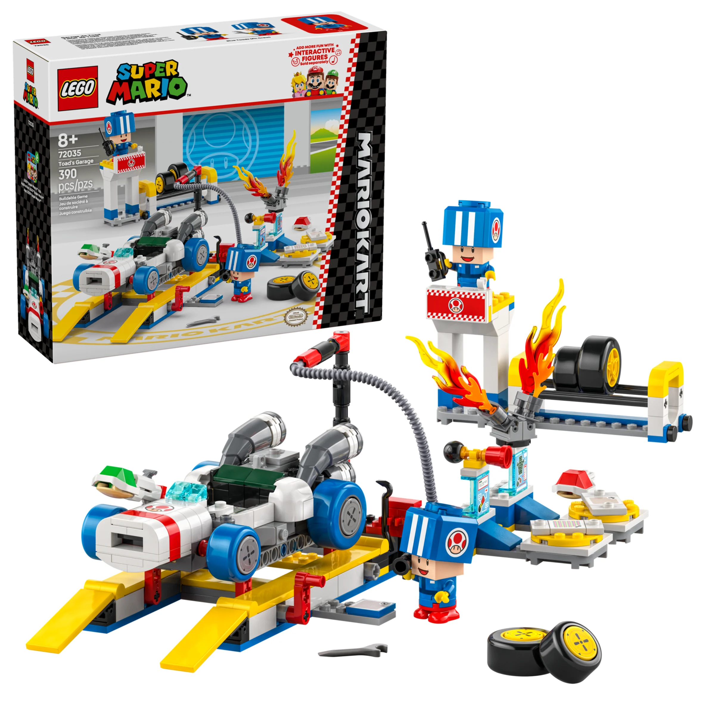 Imagine cu setul LEGO 72035 Garajul lui Toad, ce prezintă modelul construit și cutia. 