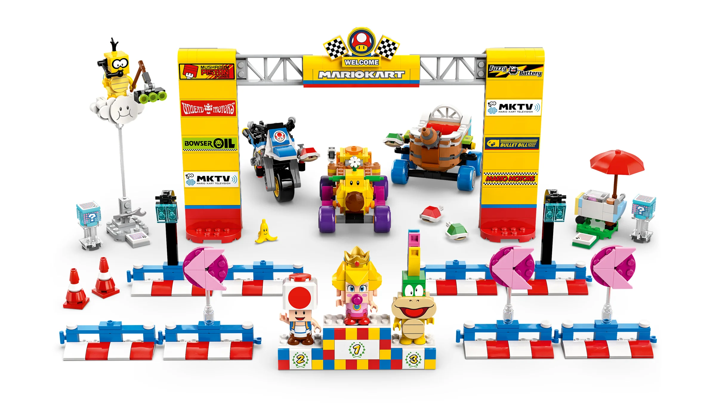 Setul LEGO 72036 prezintă cursa cu Baby Peach și alte personaje Mario Kart.