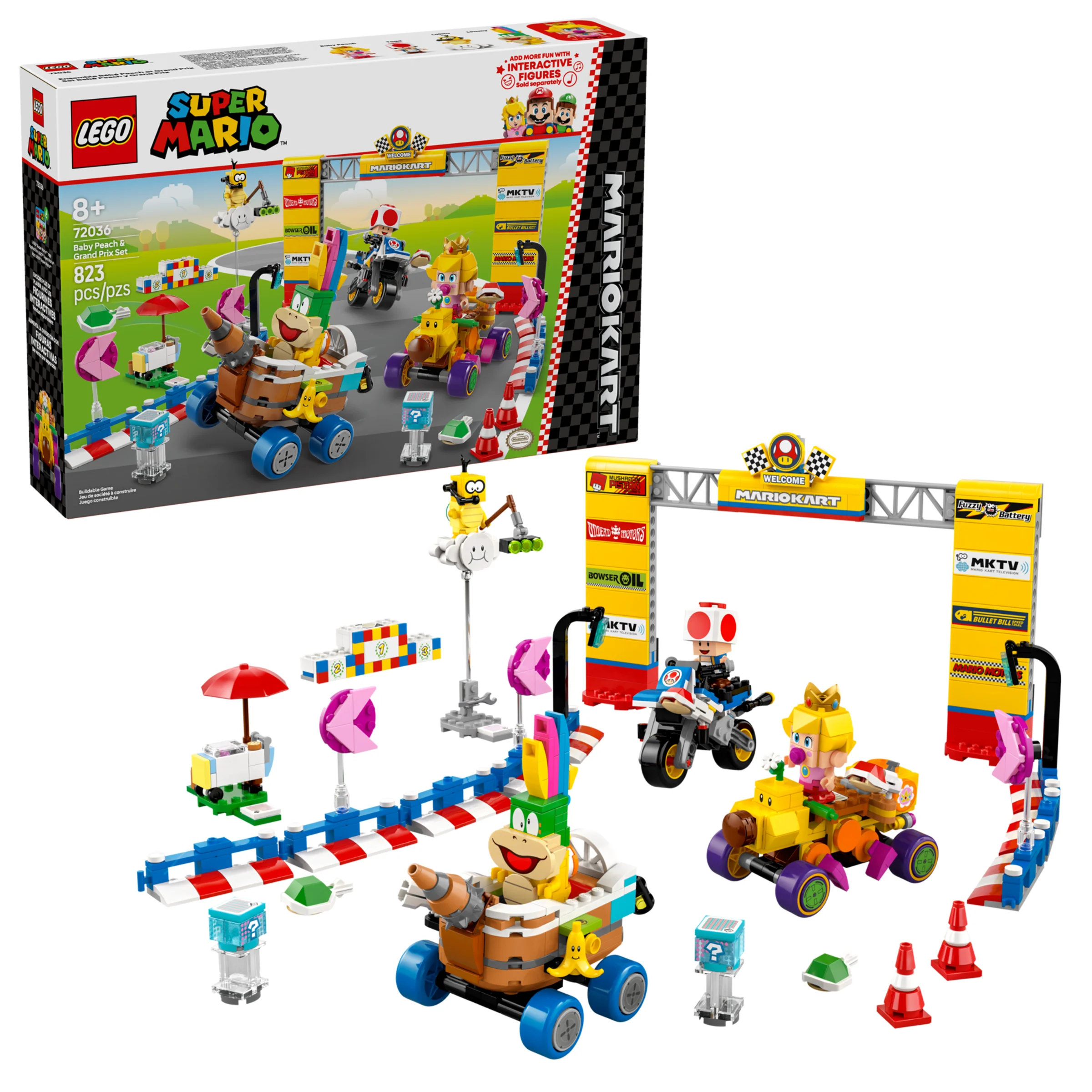 Imagine cu setul LEGO Super Mario 72036, cu Baby Peach și Grand Prix. Set detaliat și colorat.
