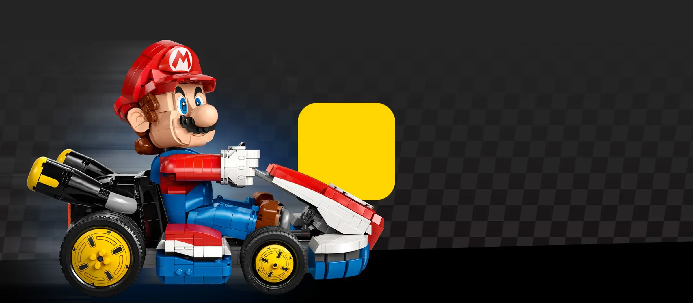 Imagine cu Mario în kartul său standard LEGO. Un model detaliat și distractiv. 