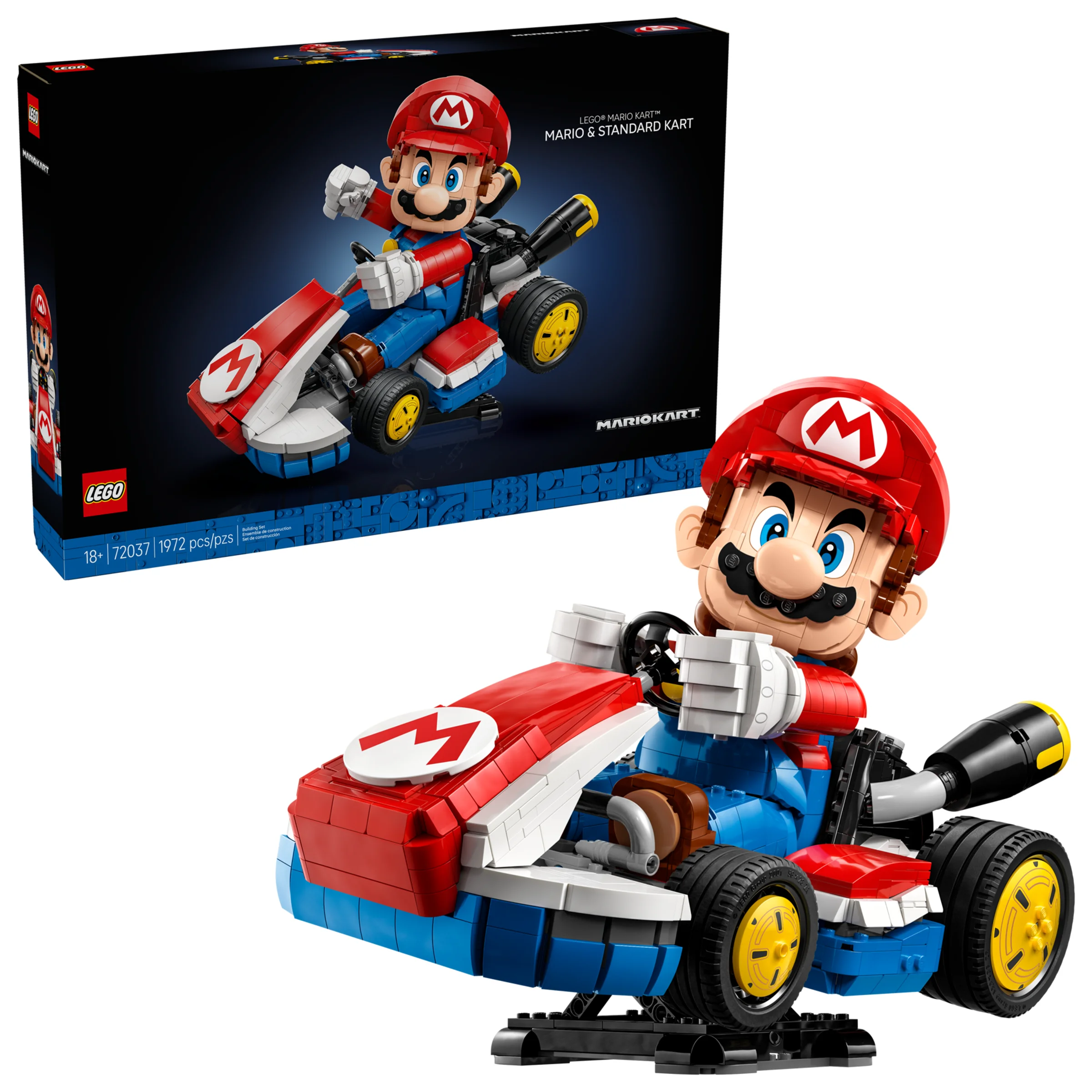 Imagine prezintă setul LEGO Mario Kart, Mario și Kart Standard, cu cutia în fundal.