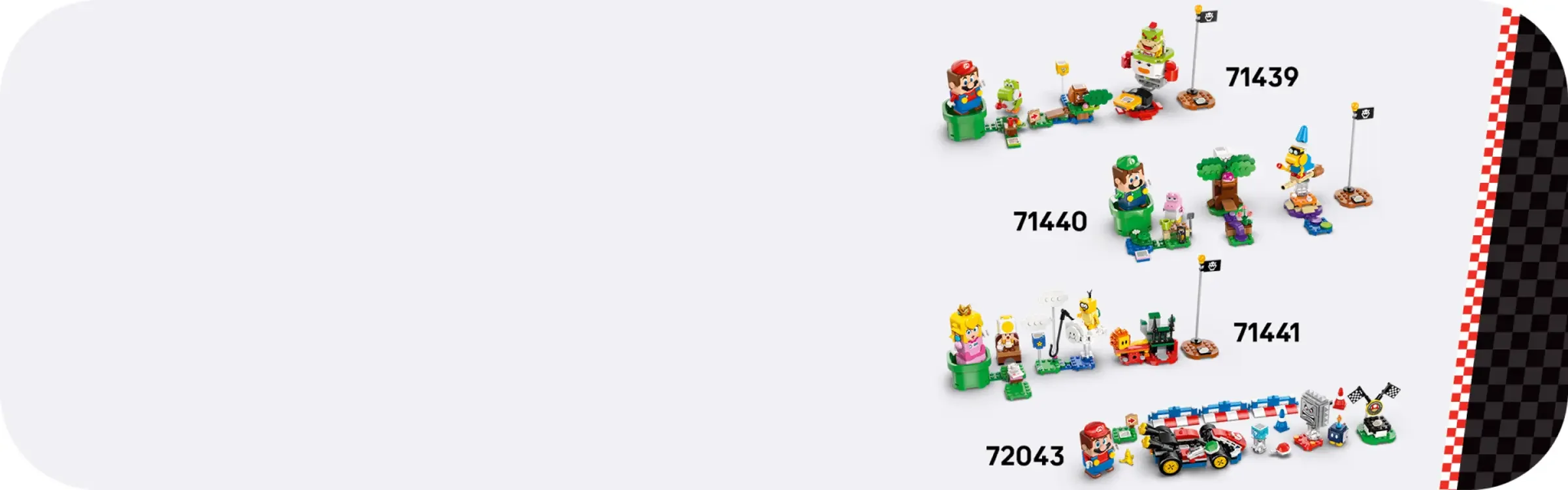 Imagine cu diverse seturi LEGO Super Mario, inclusiv setul 72043 cu kart.
