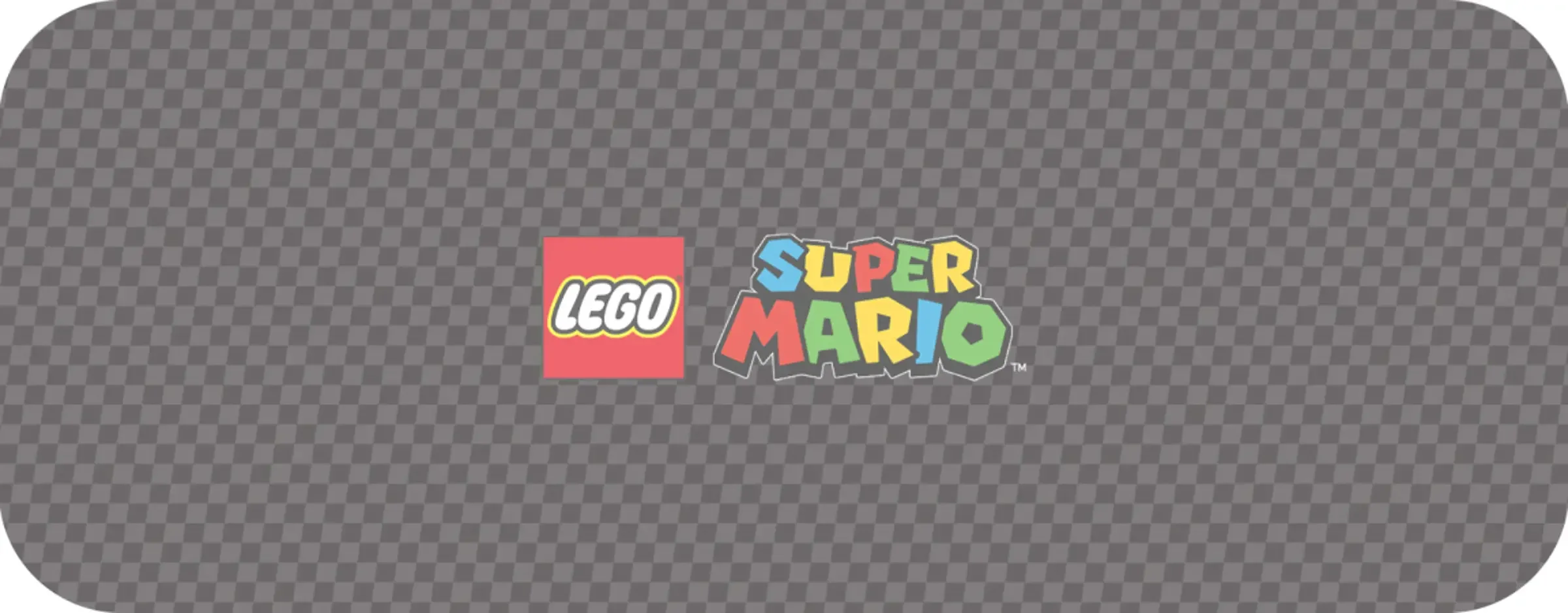 Logo-urile LEGO și Super Mario, fundal gri cu carouri. 
