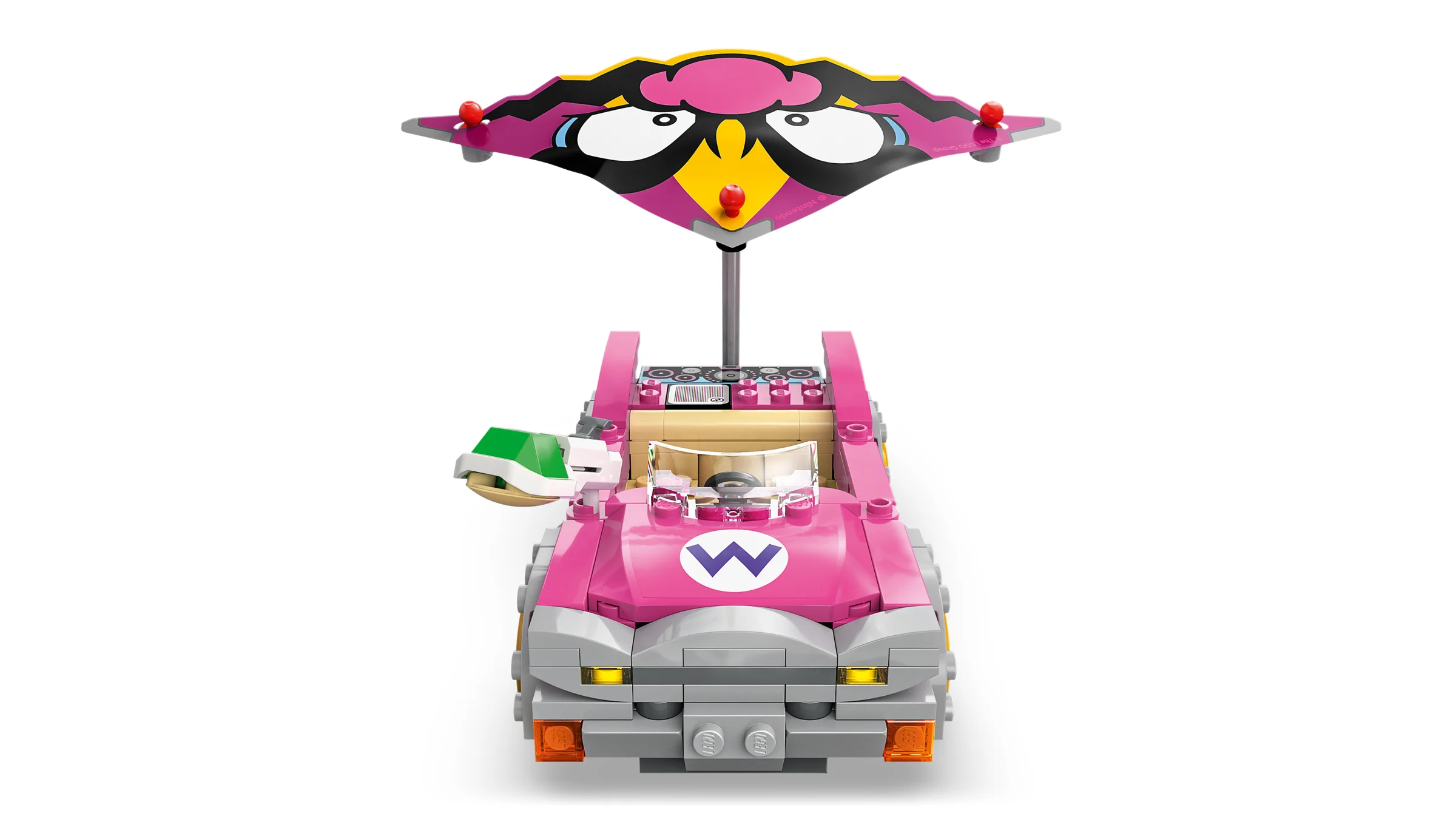 Mașina LEGO Wario, roz și gri, cu aripă King Boo. O jucărie distractivă!