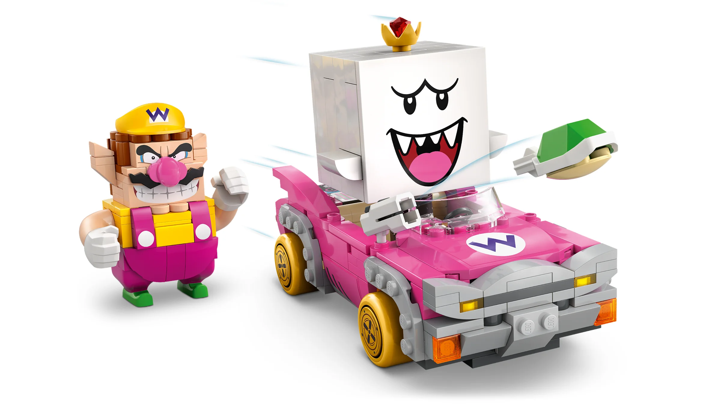 Imagine cu Wario și King Boo în mașina lor roz, un set LEGO Super Mario.