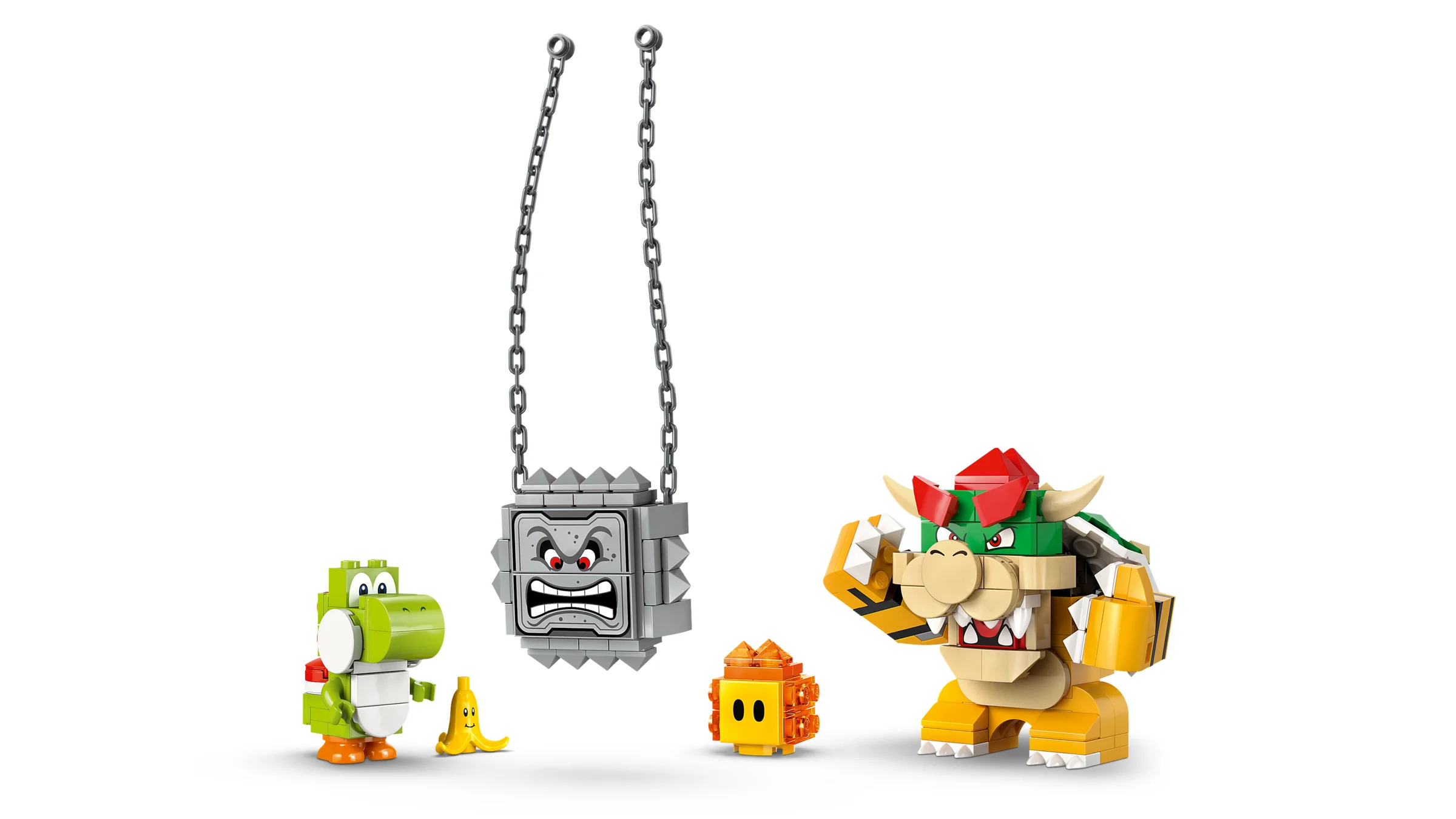 Imagine cu Bowser, Yoshi, un bloc Thwomp și un Bully construite din LEGO.