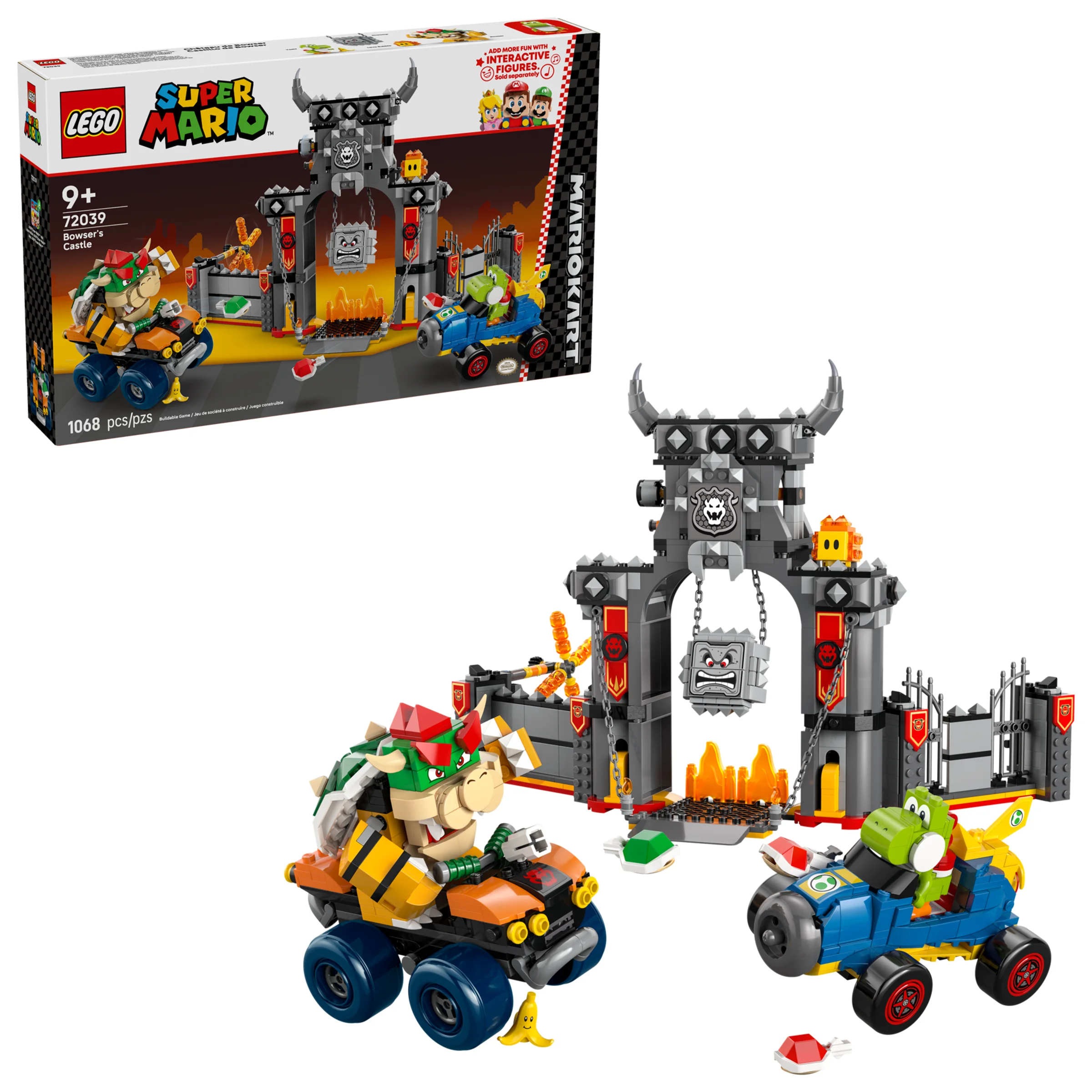 Imagine cu castelul Bowser LEGO 72039, împreună cu box-ul produsului. Bowser și Yoshi în vehicule.