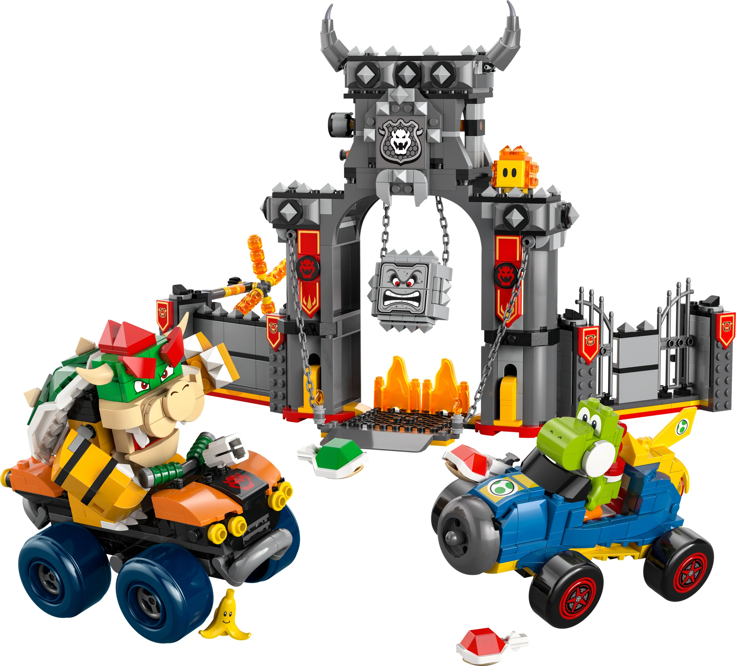 Castelul lui Bowser LEGO Super Mario: Bowser și Yoshi în mașini, gata de cursă. Aventuri cu piese LEGO!
