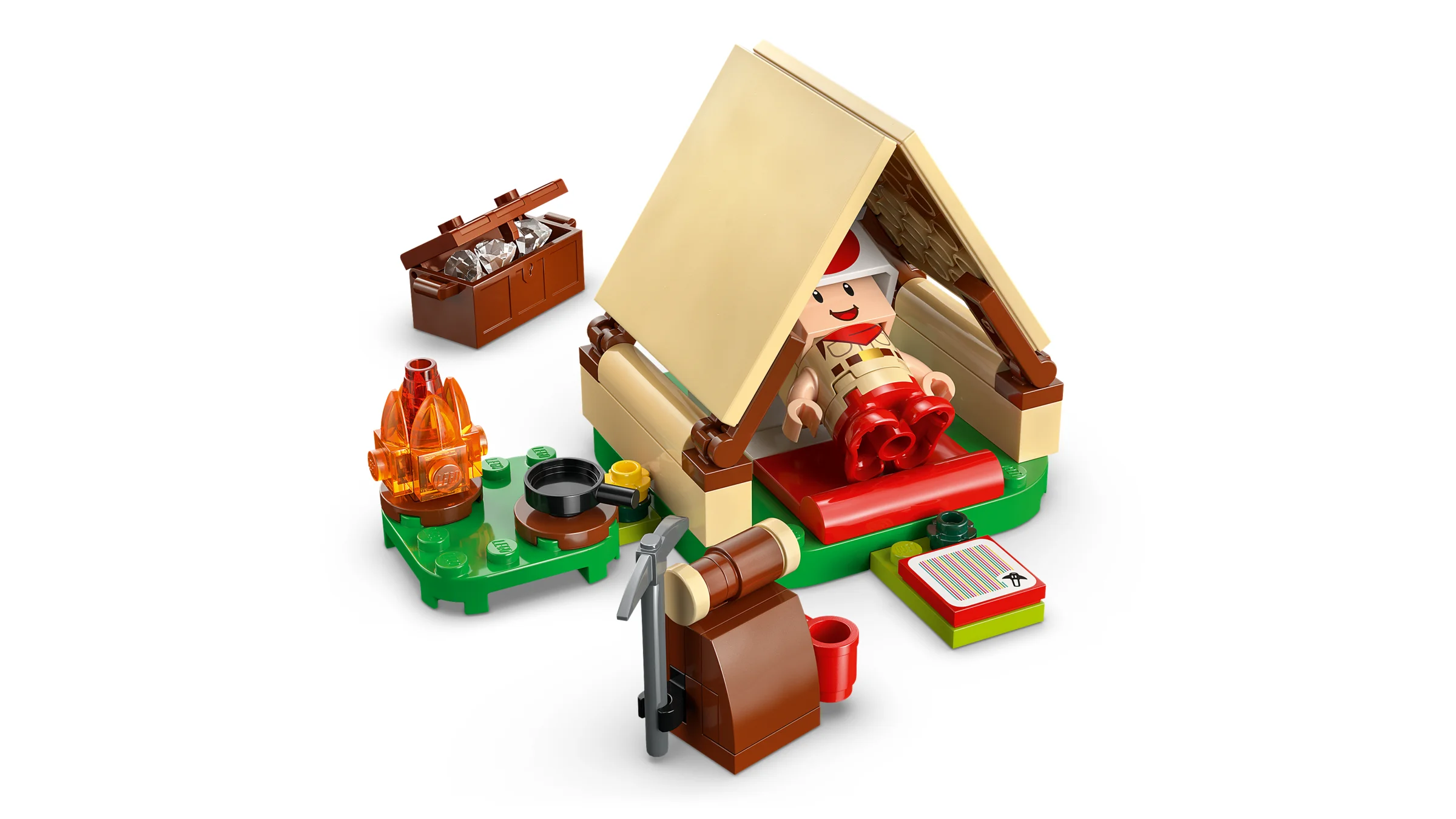 Captain Toad în camping. Imagine cu setul LEGO complet asamblat.