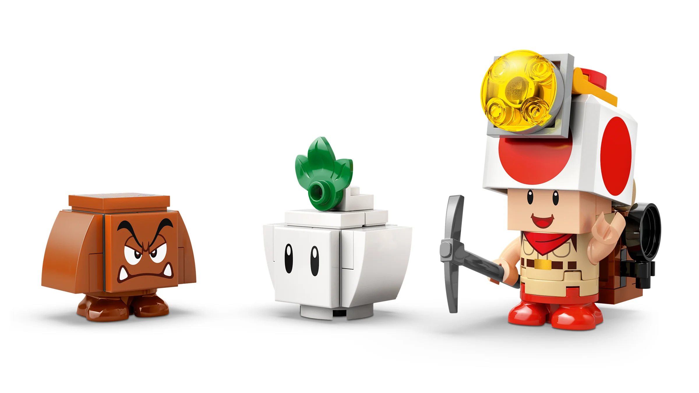Prezentare cu Goomba, plantă Piranha și Captain Toad LEGO, detaliate și viu colorate.