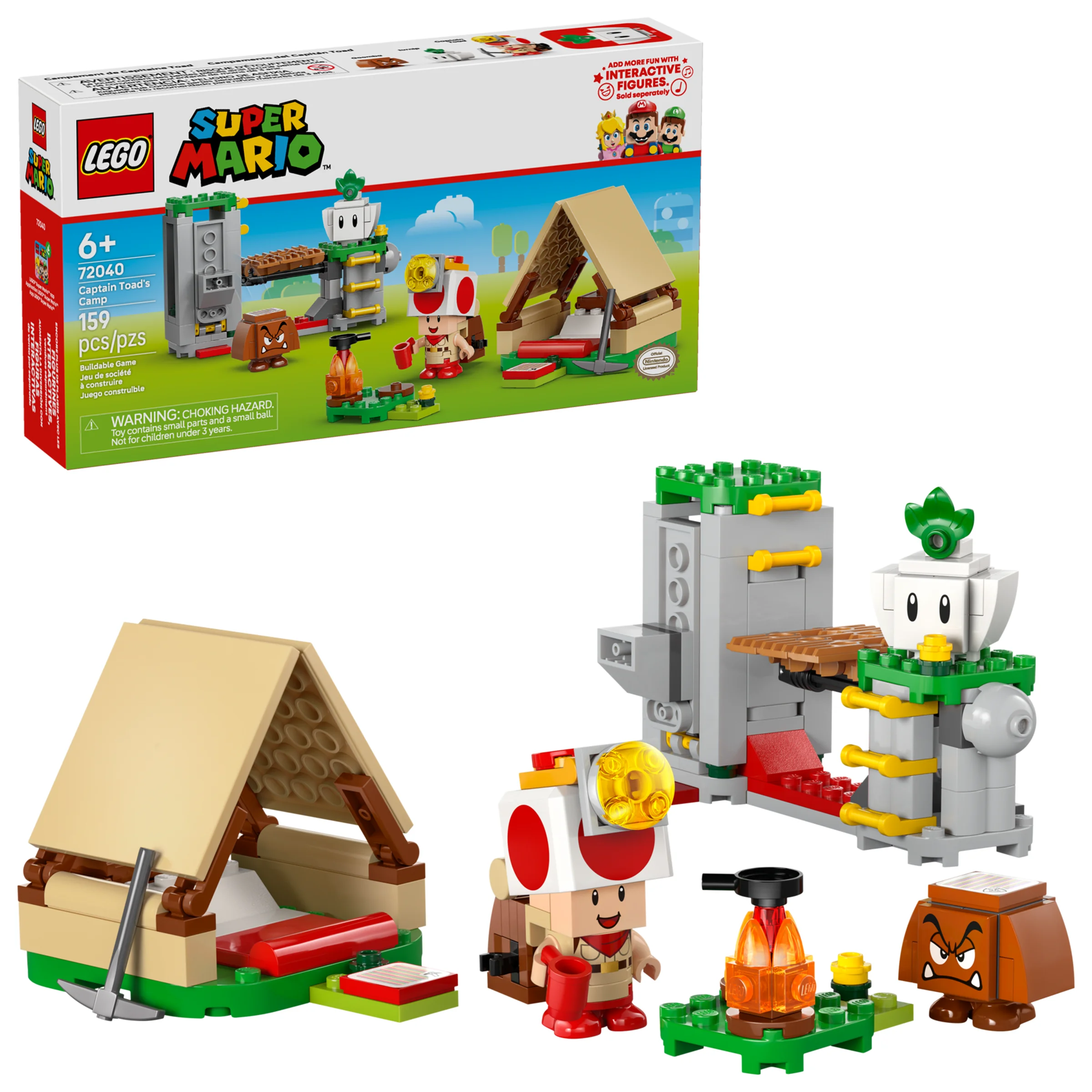 Imagine cu setul LEGO Super Mario 72040, „Tabăra Căpitanului Toad”, ce prezintă cutia și modelul construit.