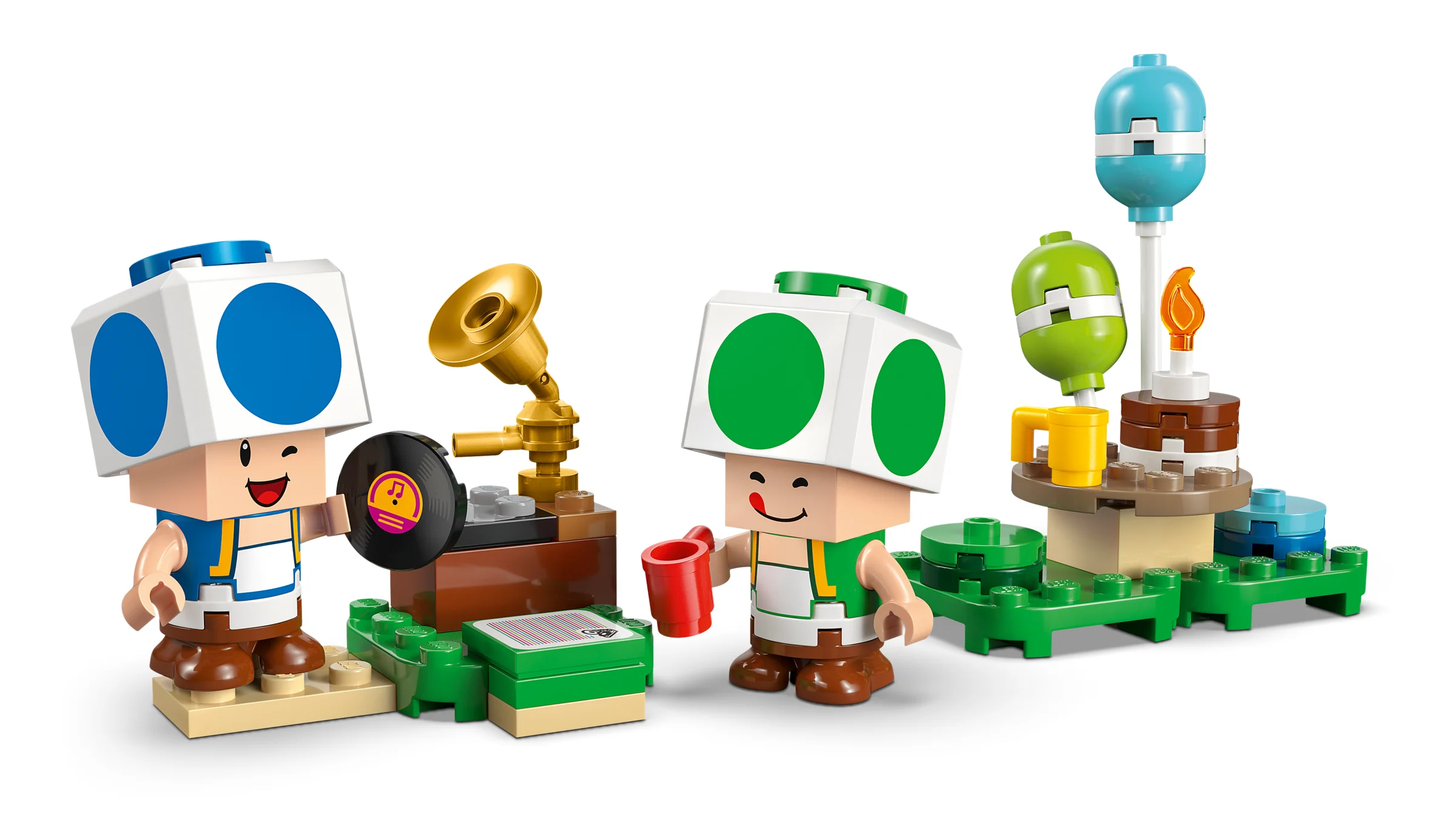 Imagine cu setul LEGO 72041, cu minifigurinele Toad și elemente de petrecere.