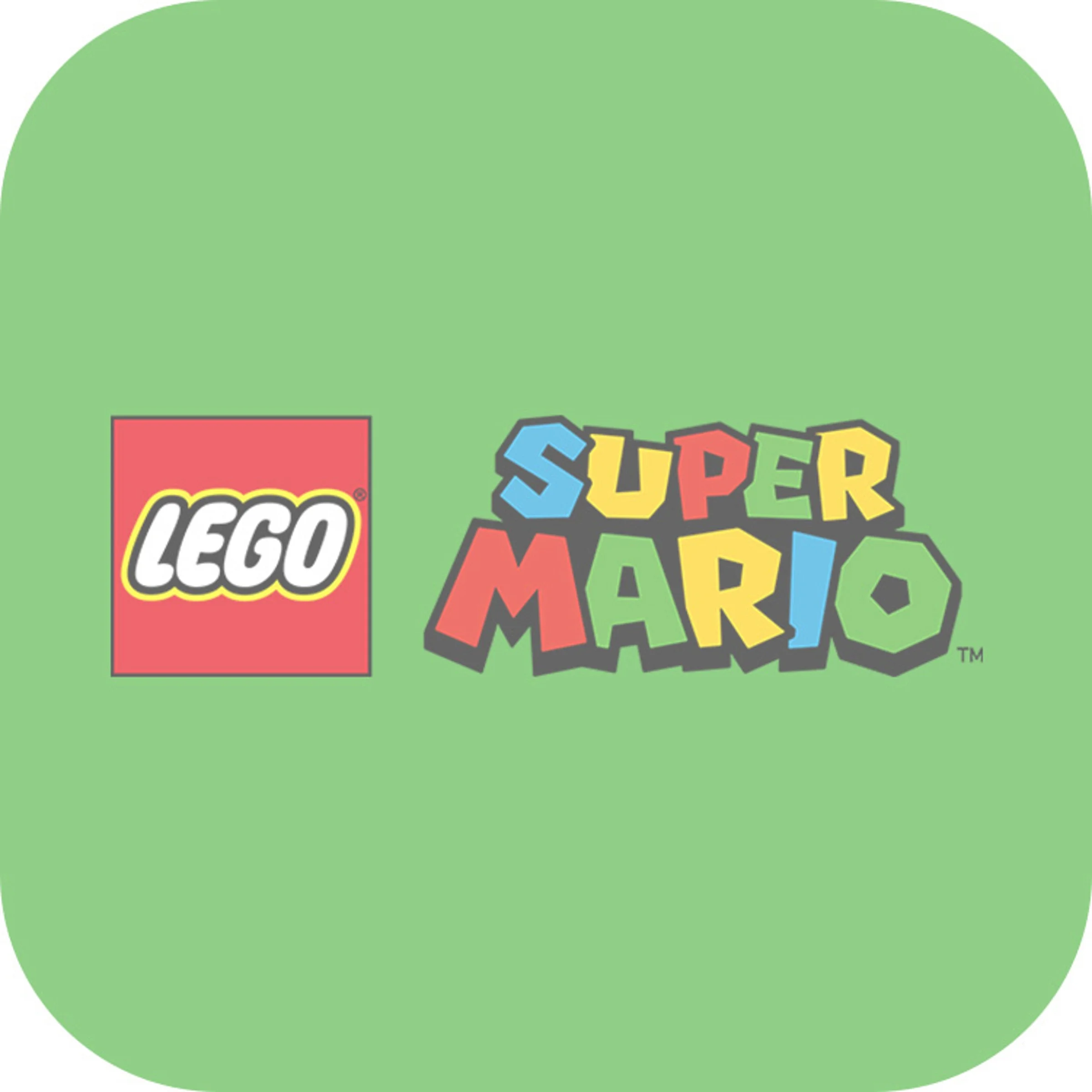 Logo-urile LEGO și Super Mario pe un fundal verde deschis.
