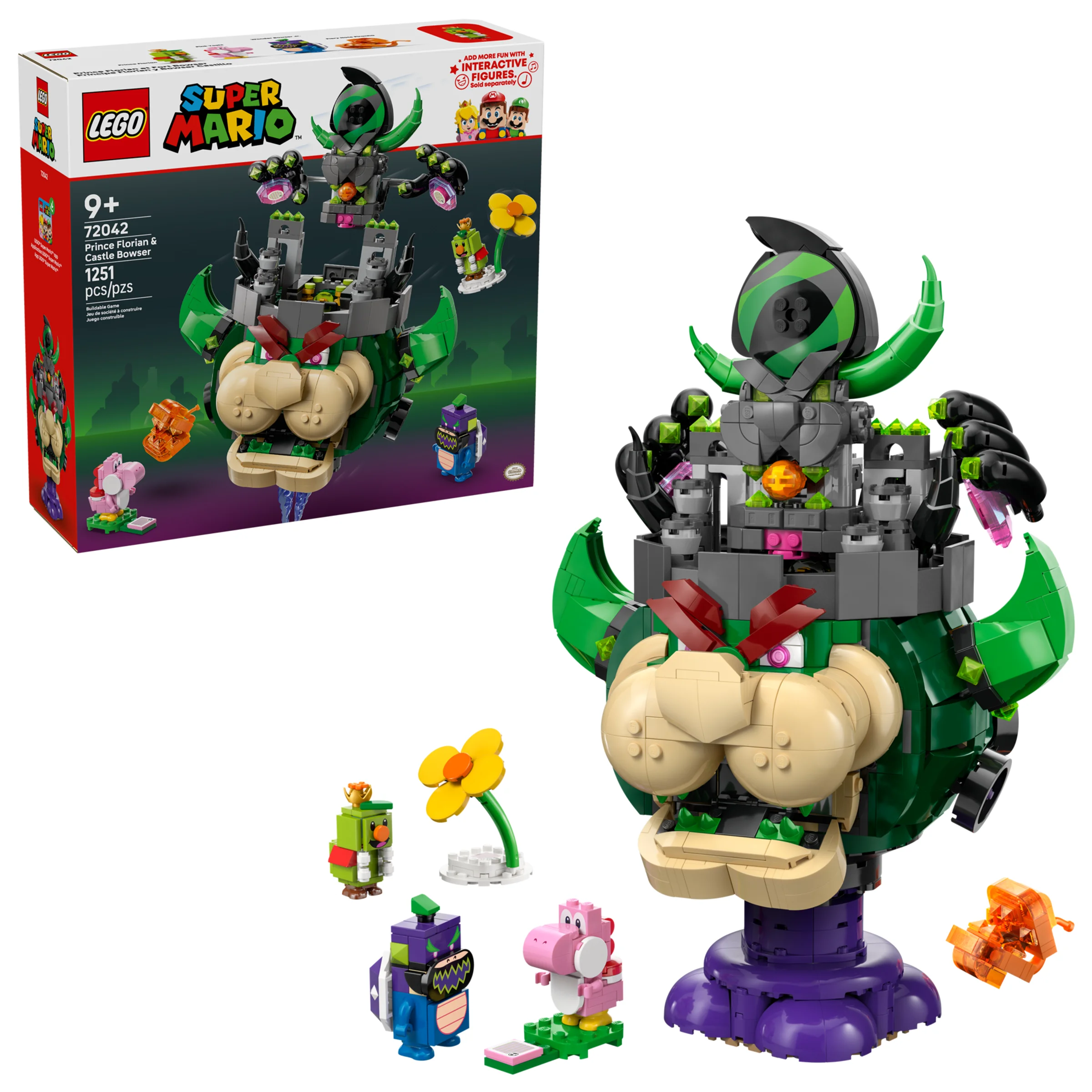 Imagine cu setul LEGO 72042 Prince Florian & Castle Bowser, inclusiv cutia și modelul asamblat.