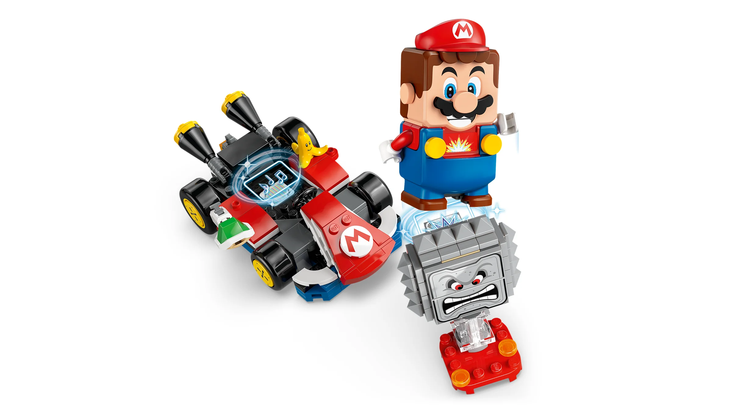 Imagine cu Mario interactiv, kart-ul său și un inamic Thwomp. Detaliile sunt clare și atractive.