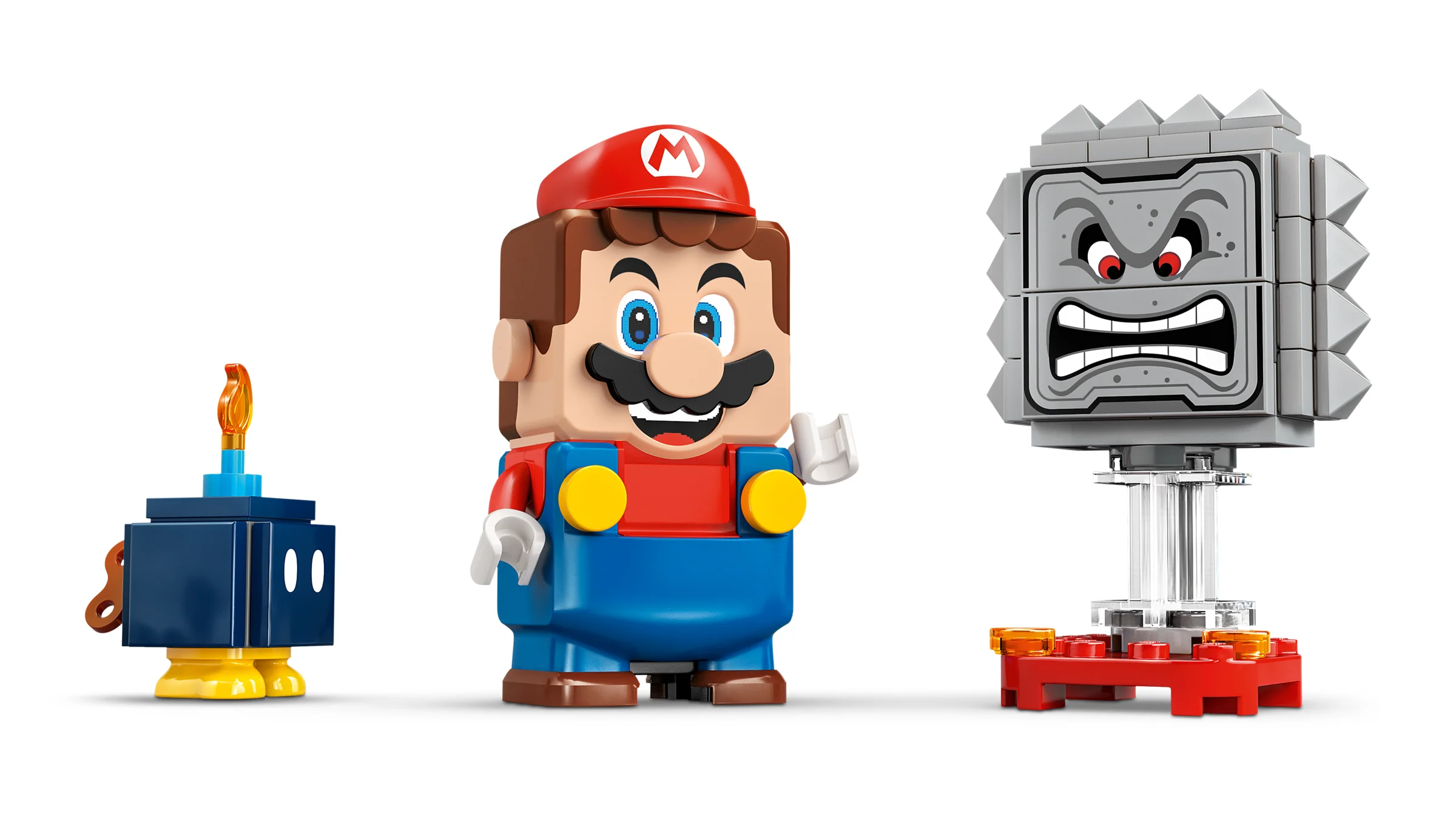Imagine cu Mario LEGO interactiv, Thwomp și Bob-omb. Elementele cheie ale setului.
