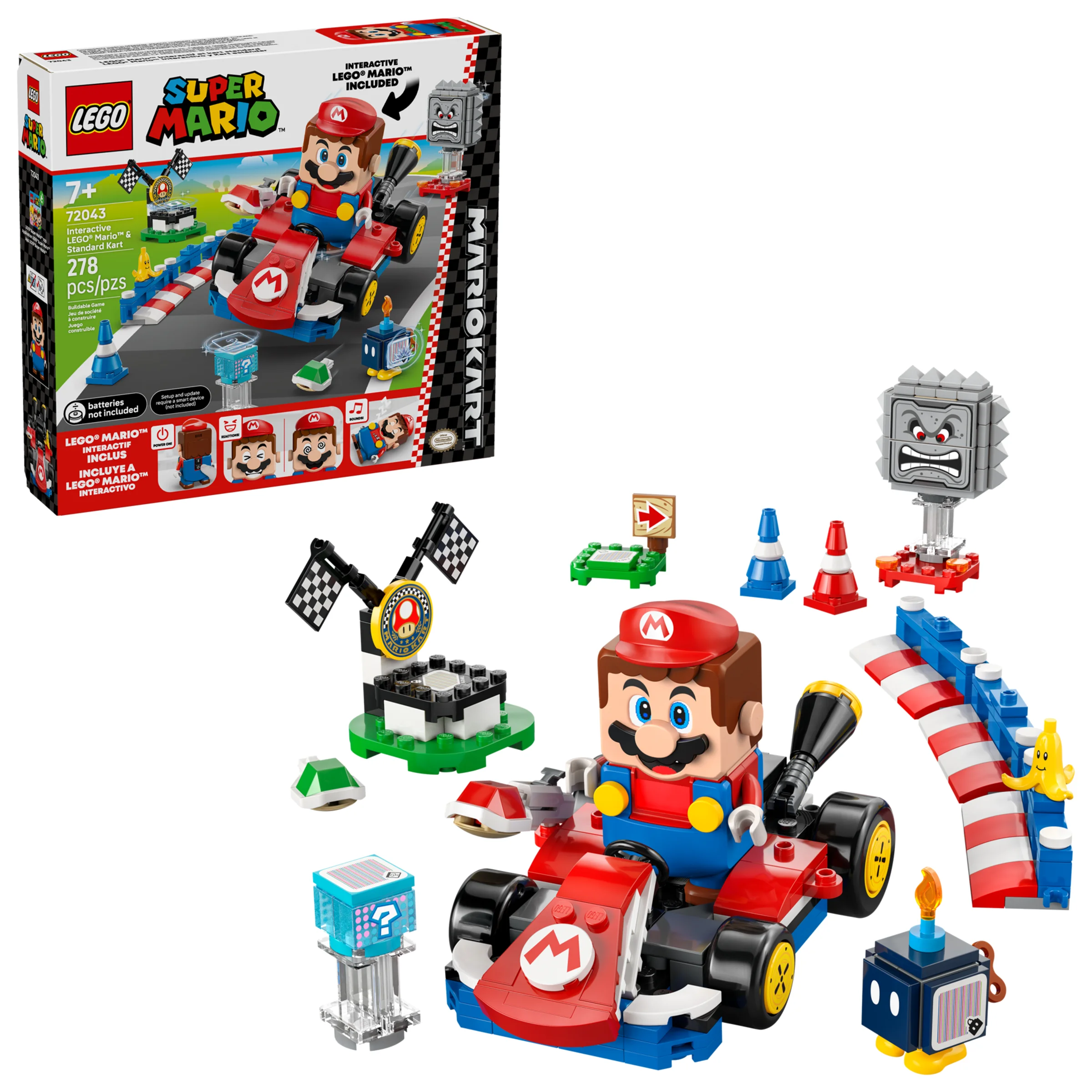 Imagine cu setul LEGO Mario Kart, cu Mario în kart, obstacole și cutia setului. Arată interactivitatea.