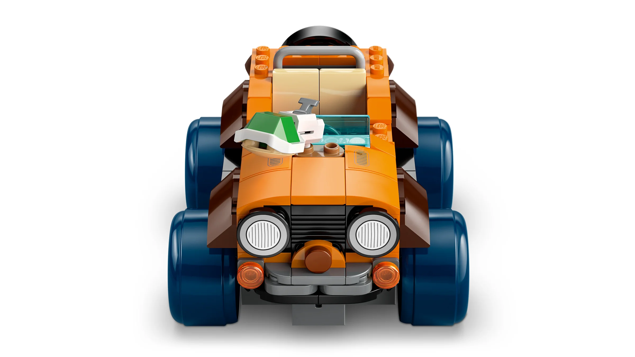 O imagine frontală a mașinii LEGO din setul Super Mario, cu detalii ale construcției.