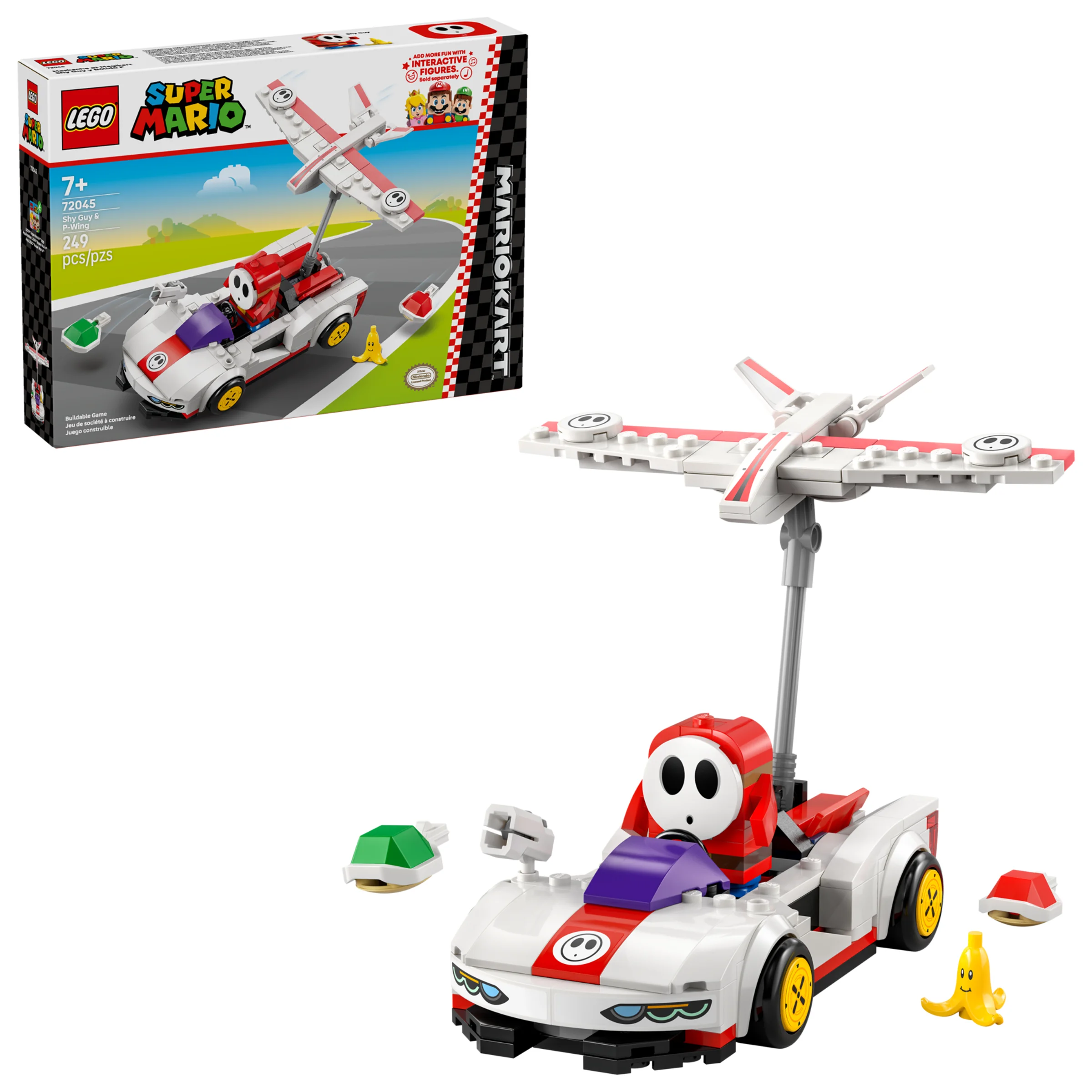 Imagine cu setul LEGO Super Mario 72045 Shy Guy & P-Wing și cutia sa. Set detaliat, perfect pentru fani.