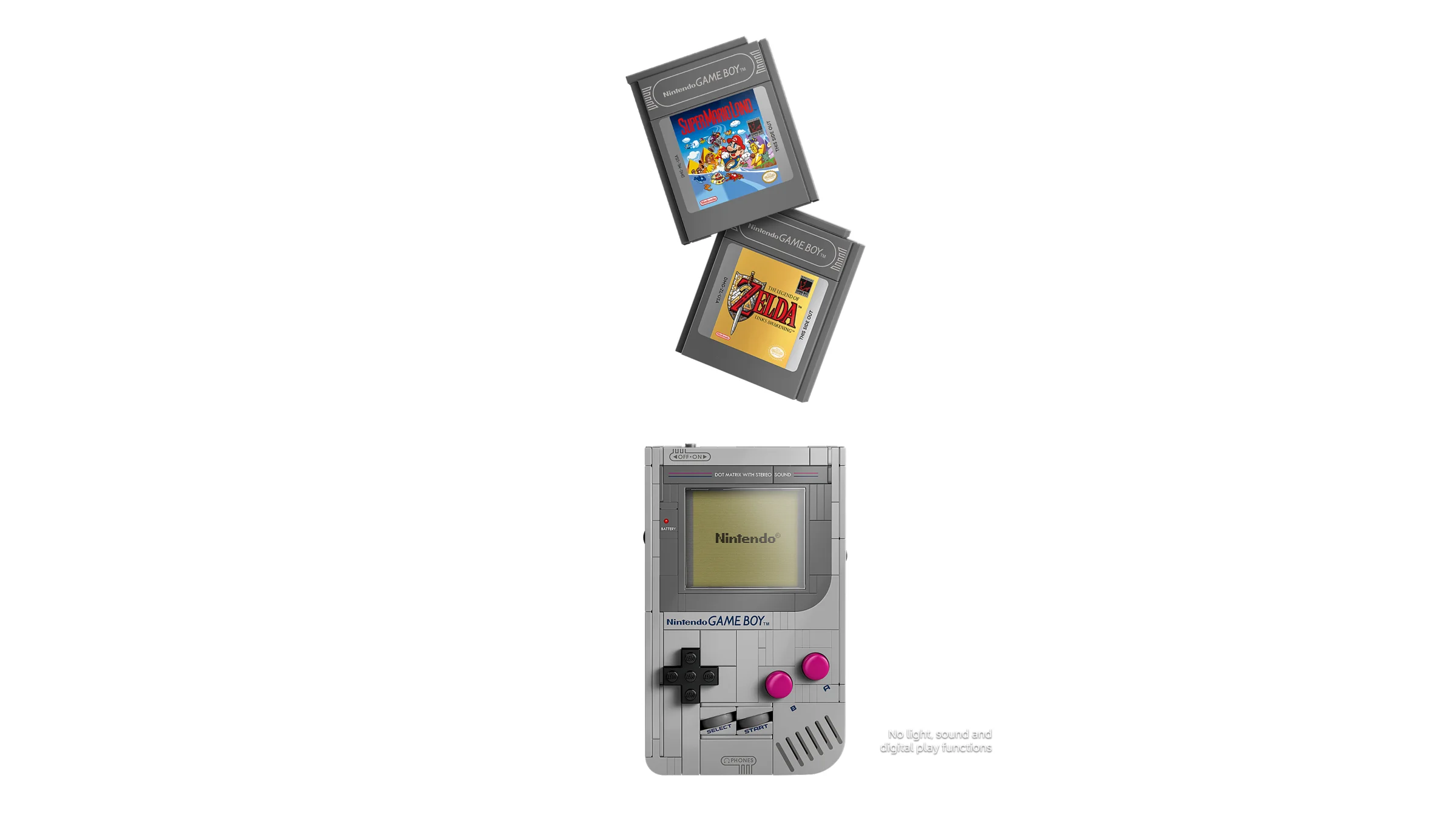 Imagine detaliată cu Game Boy LEGO și două cartușe de joc: Super Mario Land și Zelda.
