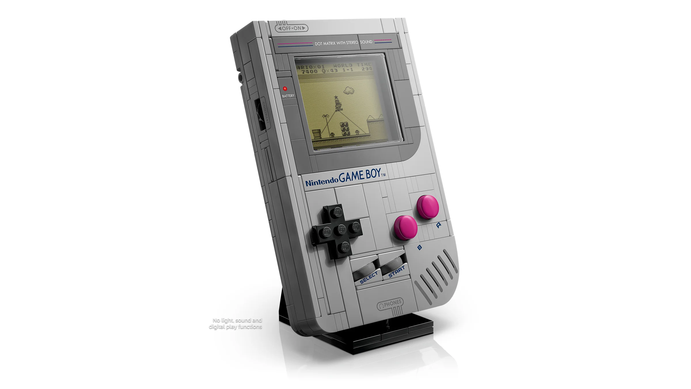 Imagine detaliată a modelului LEGO Game Boy, cu ecranul și butoanele vizibile.