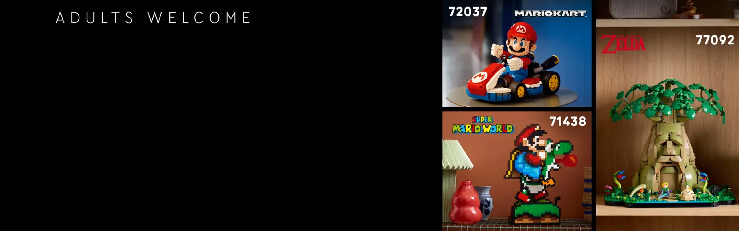 Diverse seturi LEGO pentru adulți: Mario Kart, Super Mario World, Zelda.