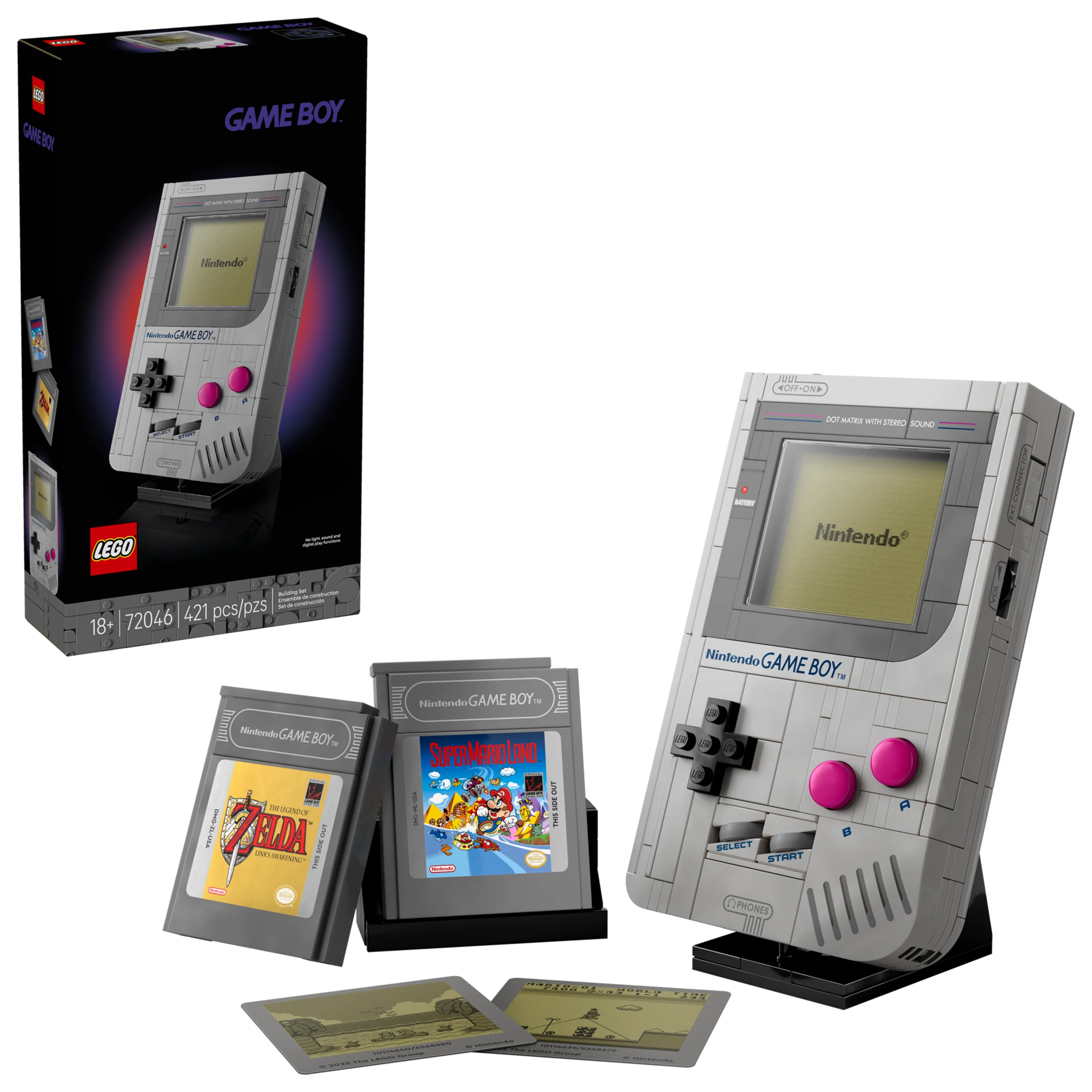 Imagine cu LEGO Game Boy (72046), incluzând cutia, consola și cartușe de joc detaliate.