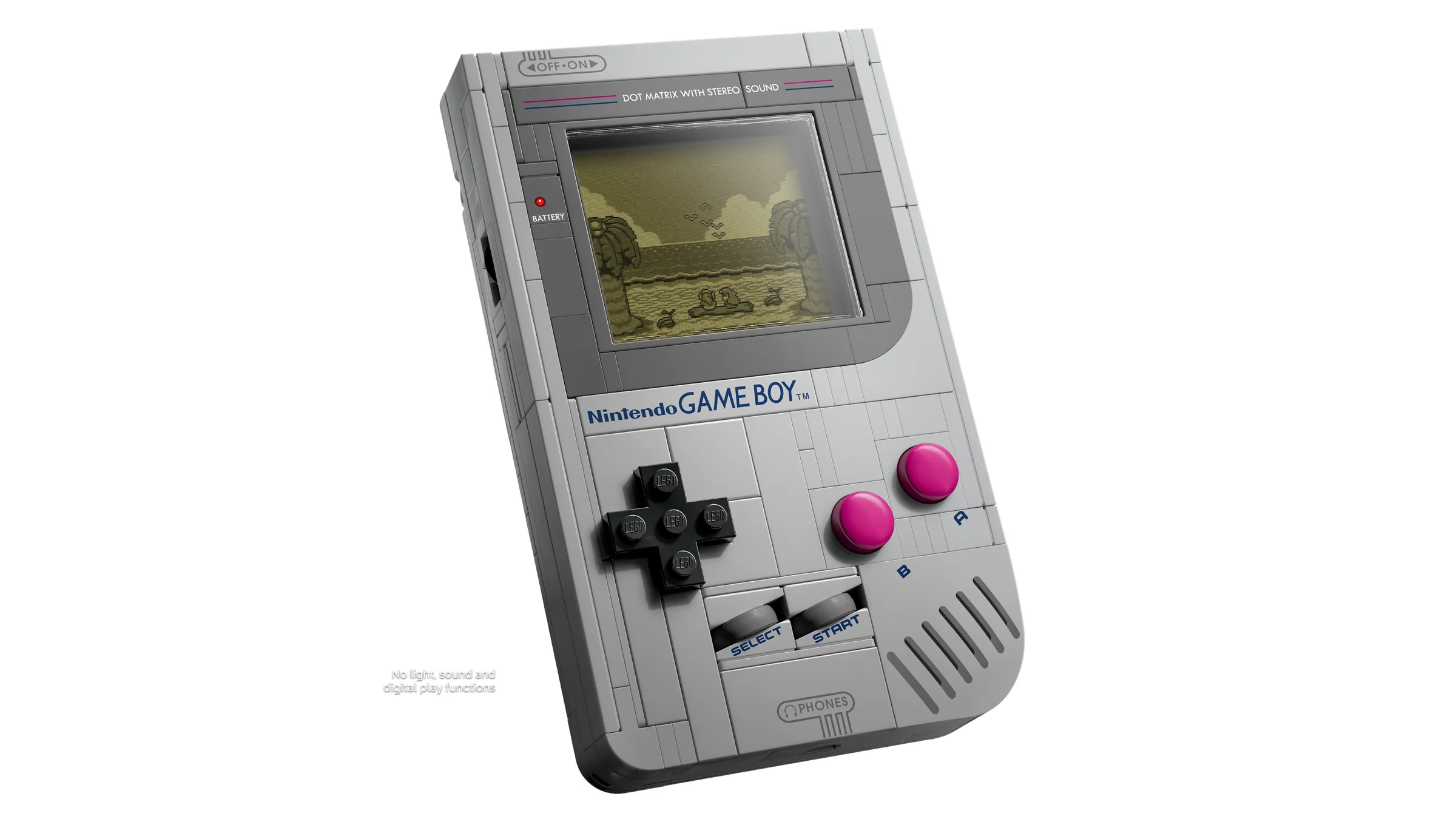 Modelul LEGO Game Boy, o replică detaliată a consolei clasice, cu ecran și butoane.