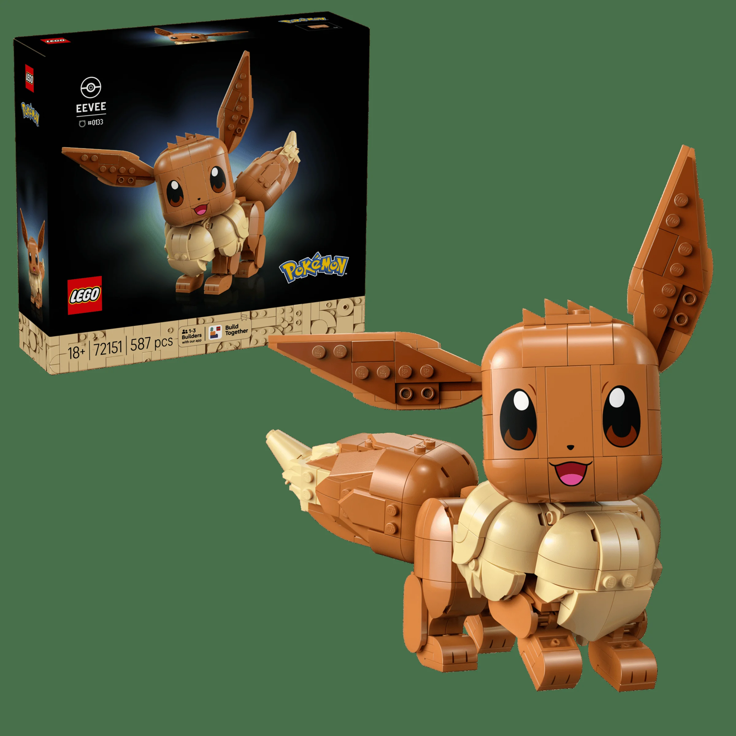 Imagine cu setul LEGO Eevee (72151) și cutia produsului. Model detaliat, perfect pentru fanii Pokémon.