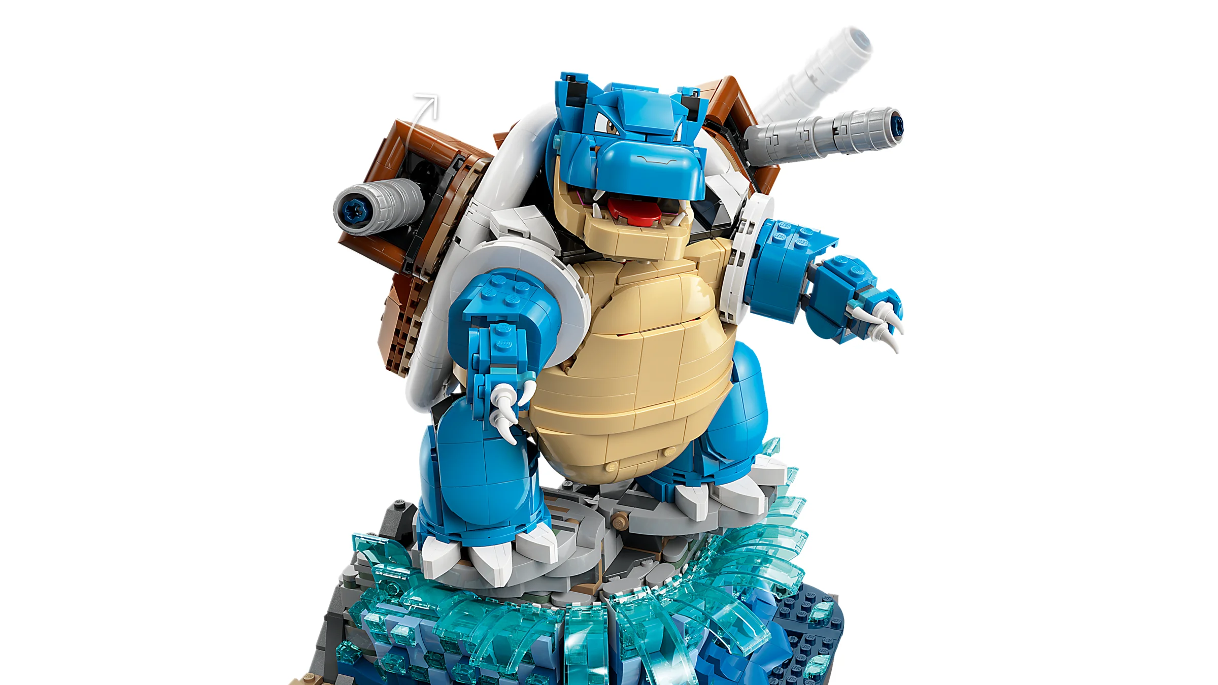 Blastoise LEGO detaliat, pe un soclu cu efecte de apă. Aspect impresionant, construcție minuțioasă.
