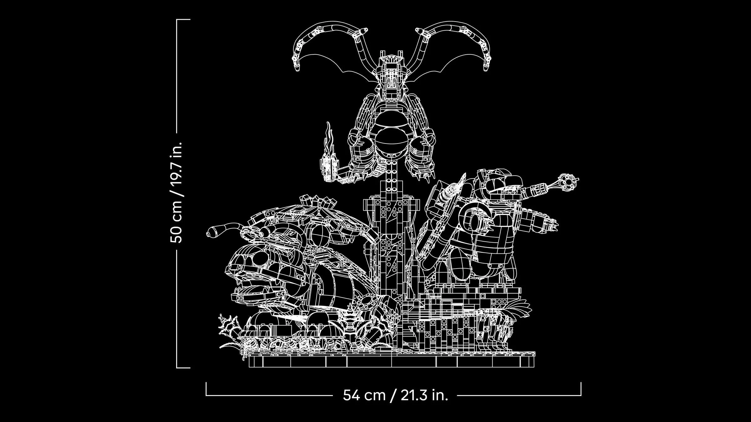 Dimensiunile modelului LEGO Venusaur, Charizard și Blastoise (72153), afișate în centimetri și inch.