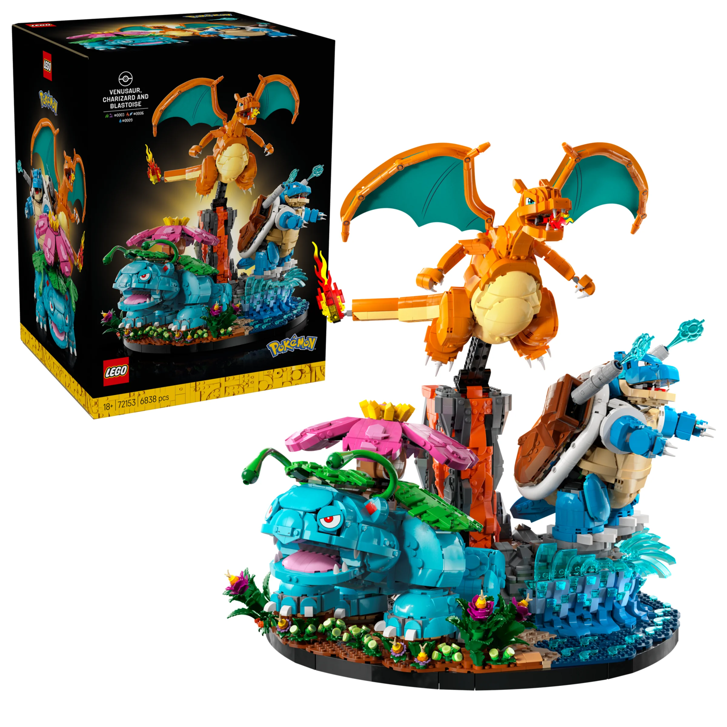 Setul LEGO 72153 prezintă pe Venusaur, Charizard și Blastoise. Include cutia și modelul finalizat.