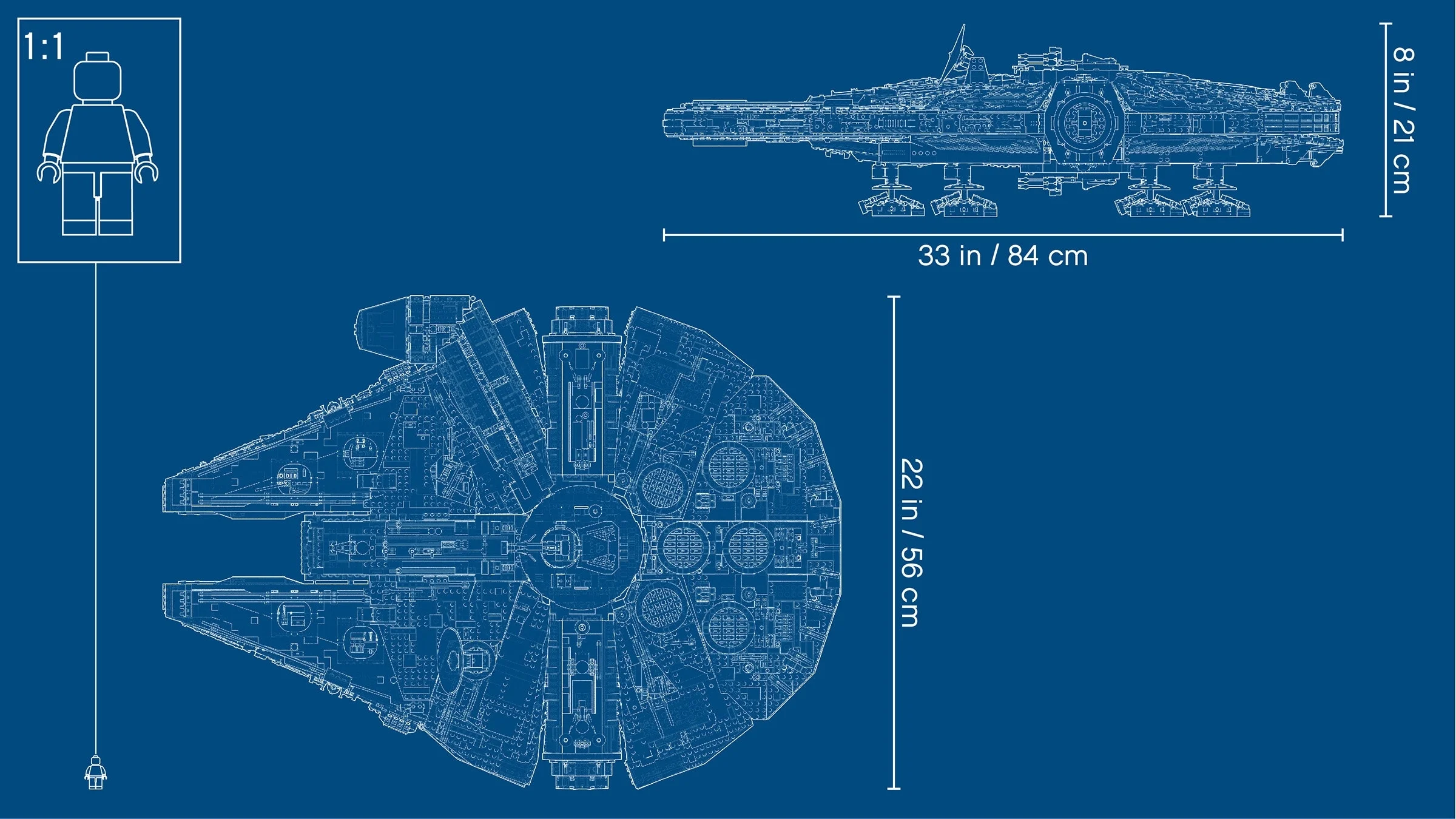 Desen tehnic al Millennium Falcon, cu dimensiuni și minifigură la scară 1:1.