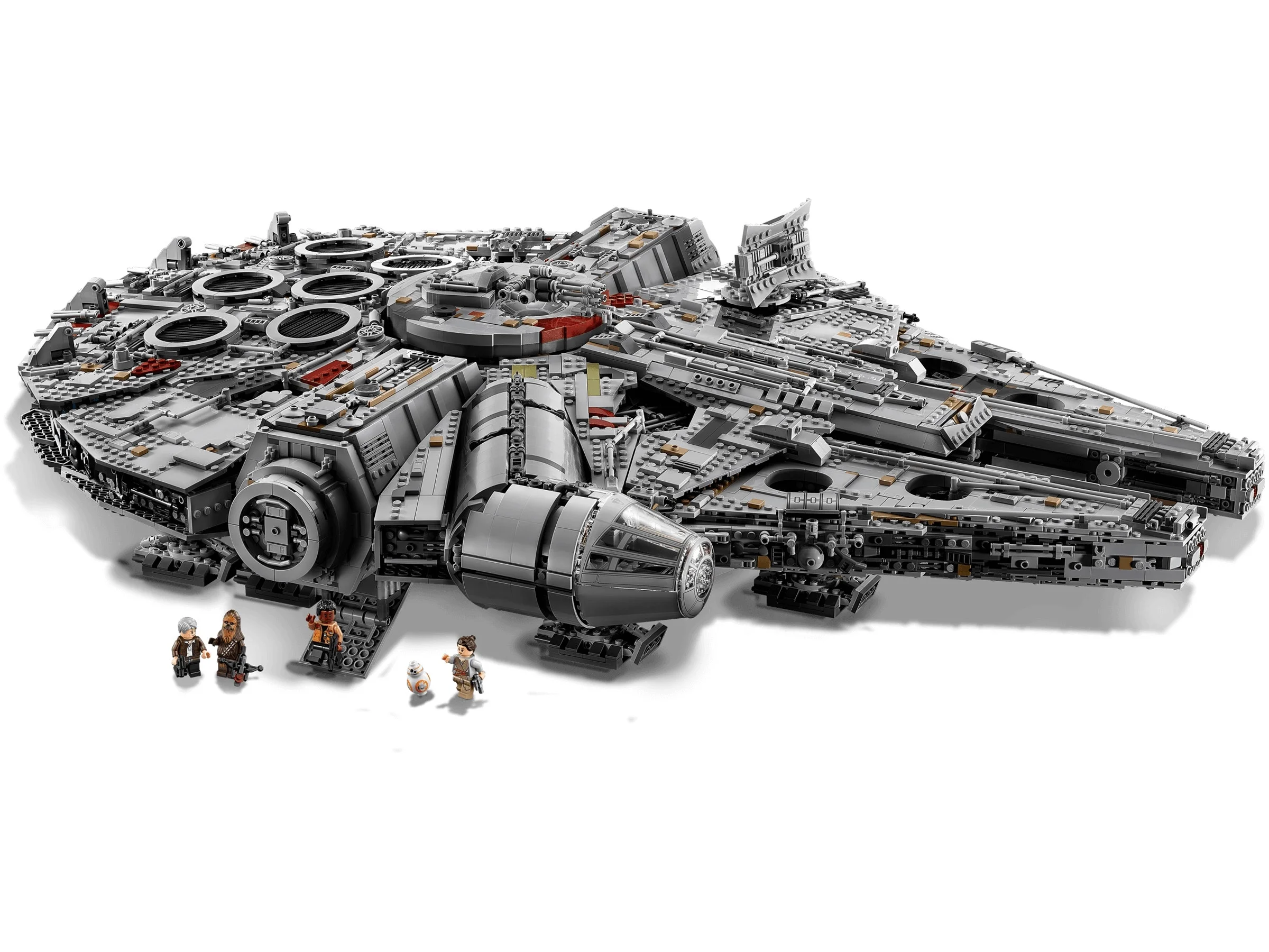 O vedere detaliată a modelului LEGO Millennium Falcon, cu minifigurinele incluse.