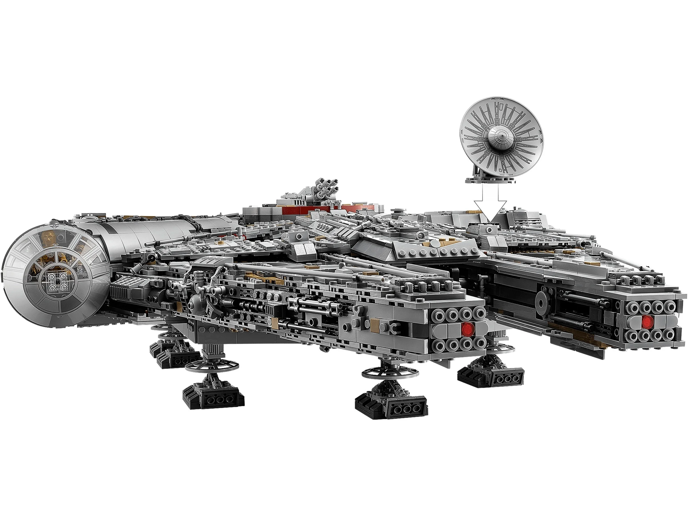 Imagine cu modelul LEGO Millennium Falcon, set complex și detaliat Star Wars.