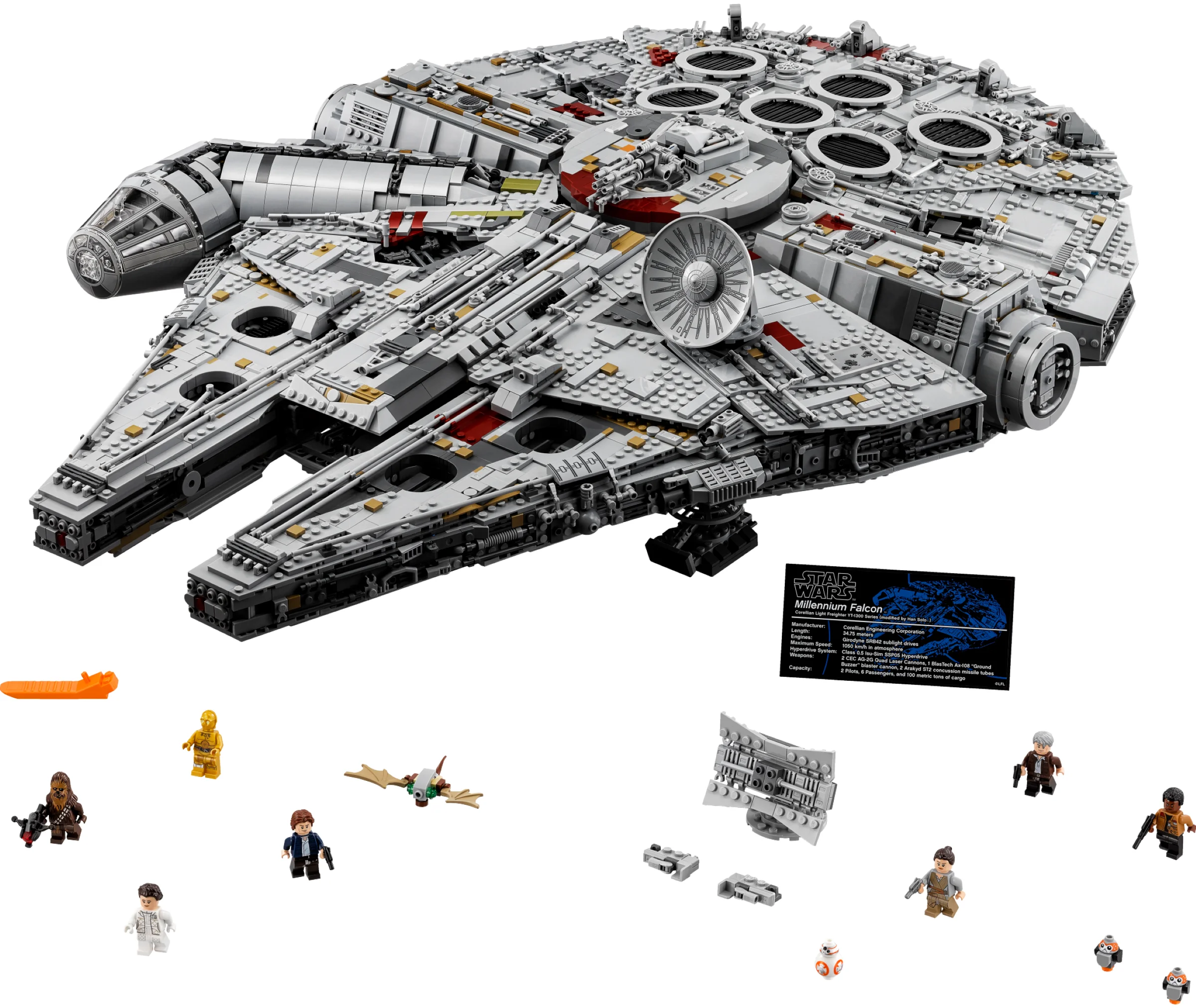 O imagine a setului LEGO 75192 Millennium Falcon, cu minifigurinele și placa de informații.
