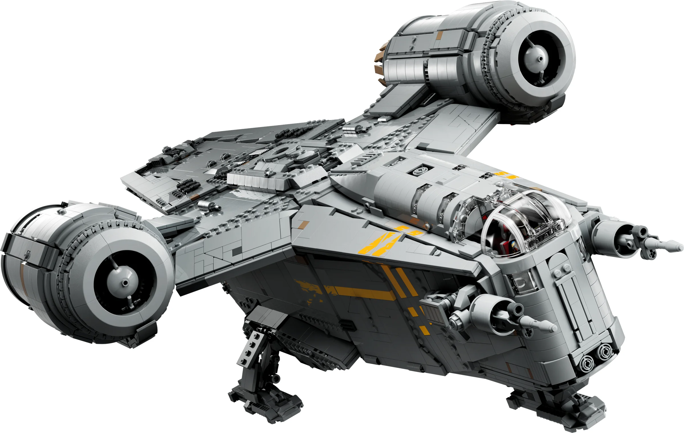 O imagine detaliată cu nava Razor Crest LEGO, modelată precis și impresionant.