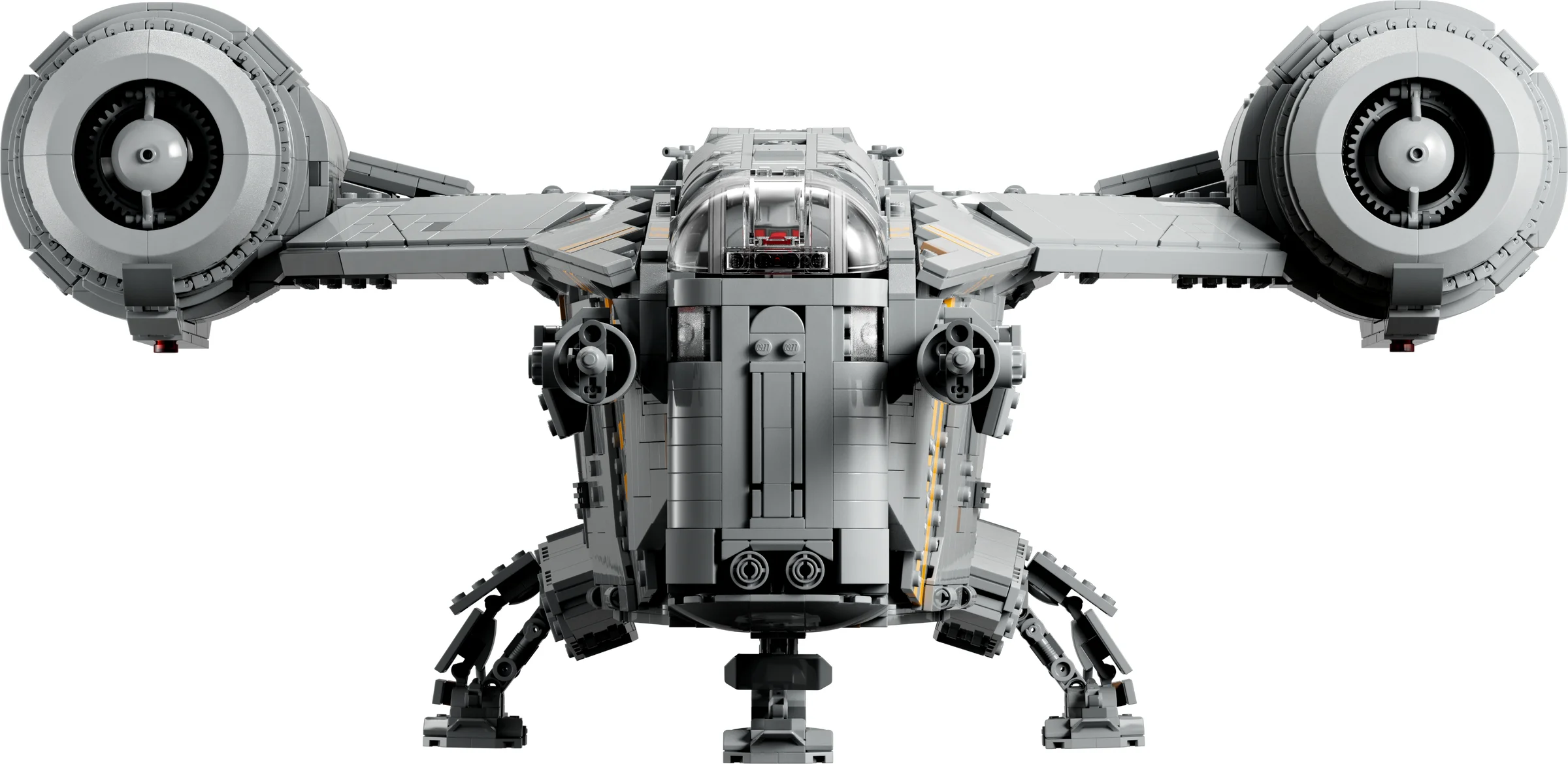 O imagine detaliată a navei Razor Crest din LEGO, vedere frontală. Modelul este gri și complex.