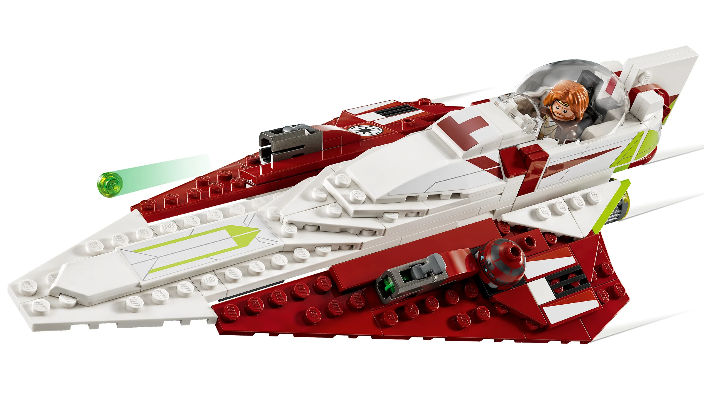 Navă spațială Jedi Starfighter a lui Obi-Wan Kenobi, roșie și albă, cu minifigurină la bord.