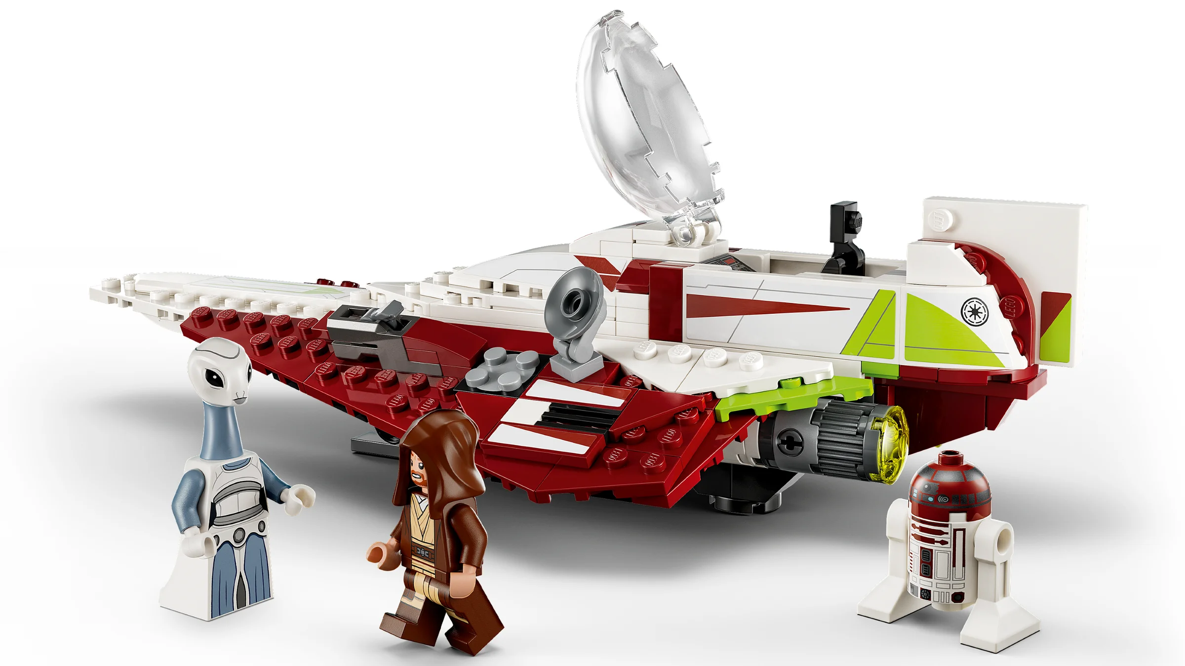Prezentare a modelului Obi-Wan Kenobi's Jedi Starfighter cu minifigurinele atașate.